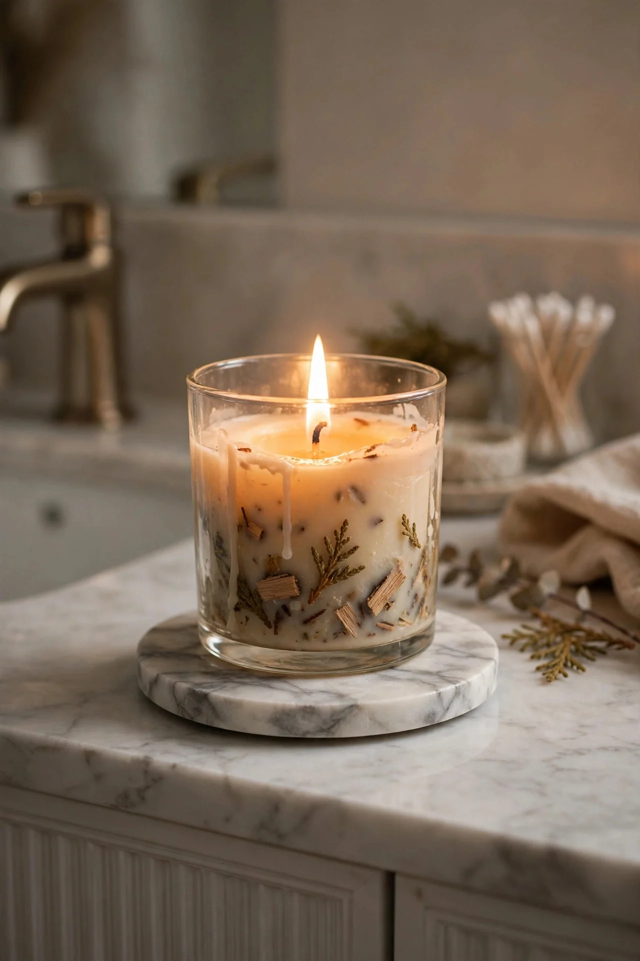 Cedar candle on a bathroom vanity