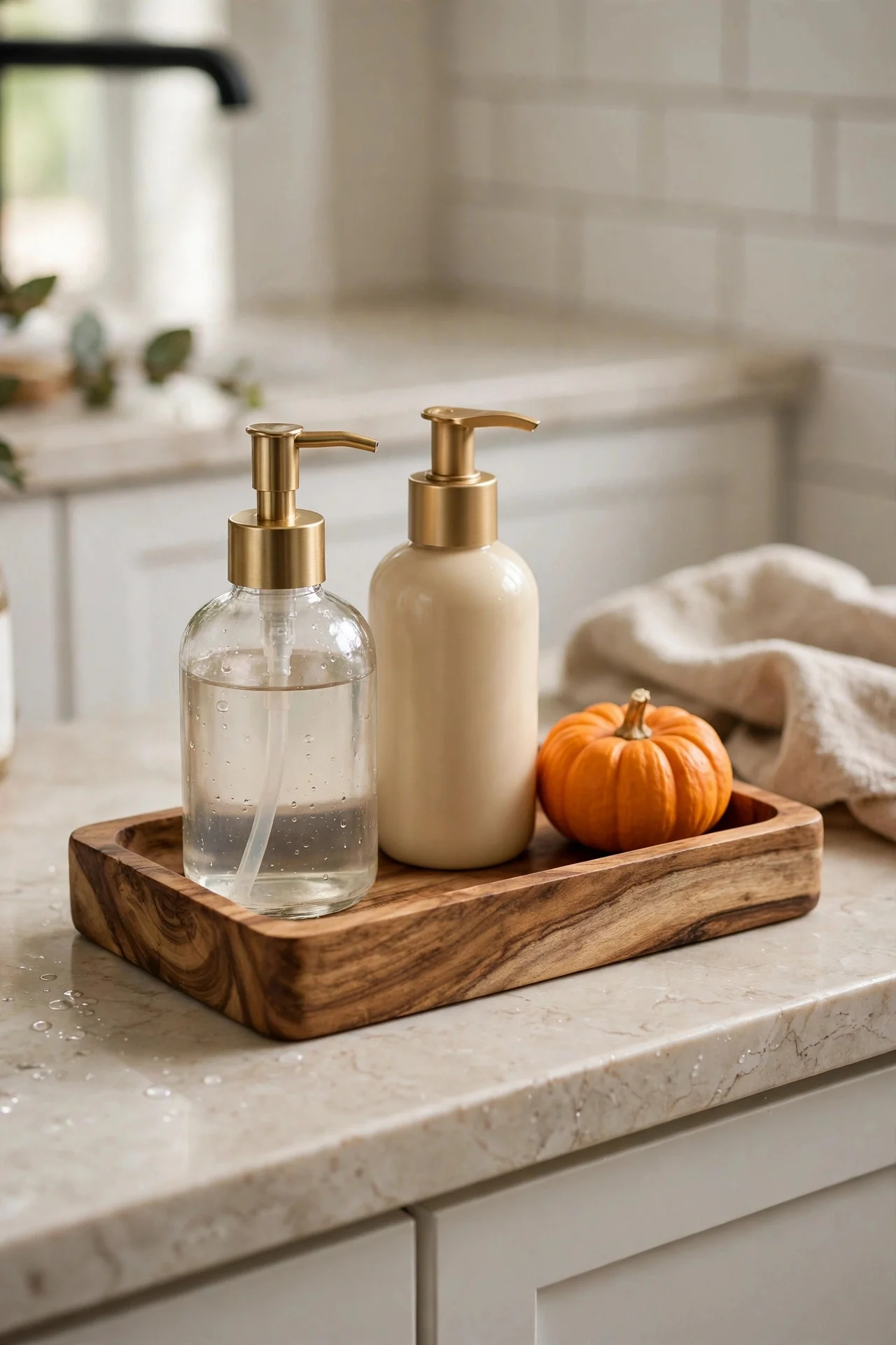 Wooden vanity tray with toiletries and mini pumpkin