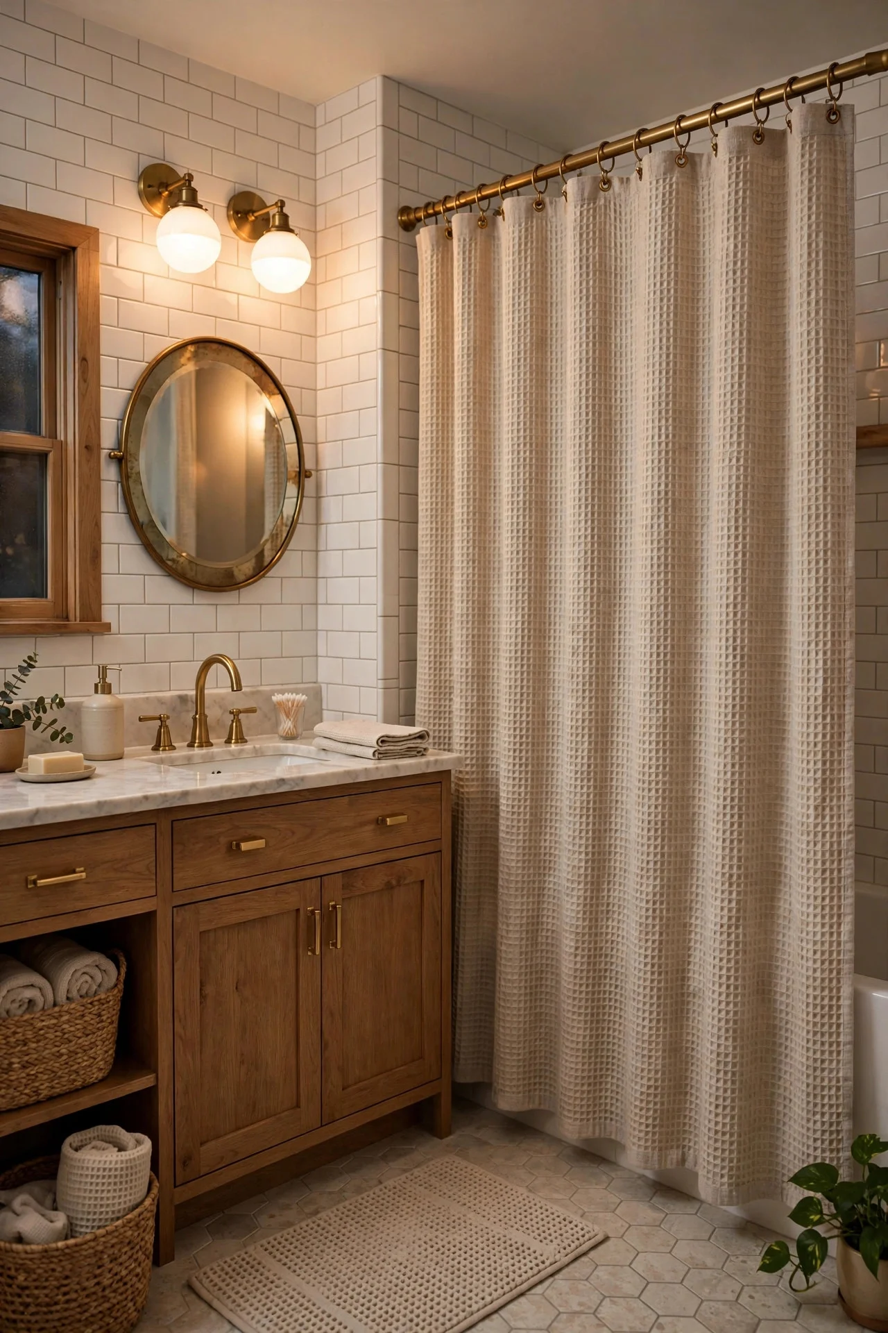 Waffle-weave shower curtain in a warm bathroom