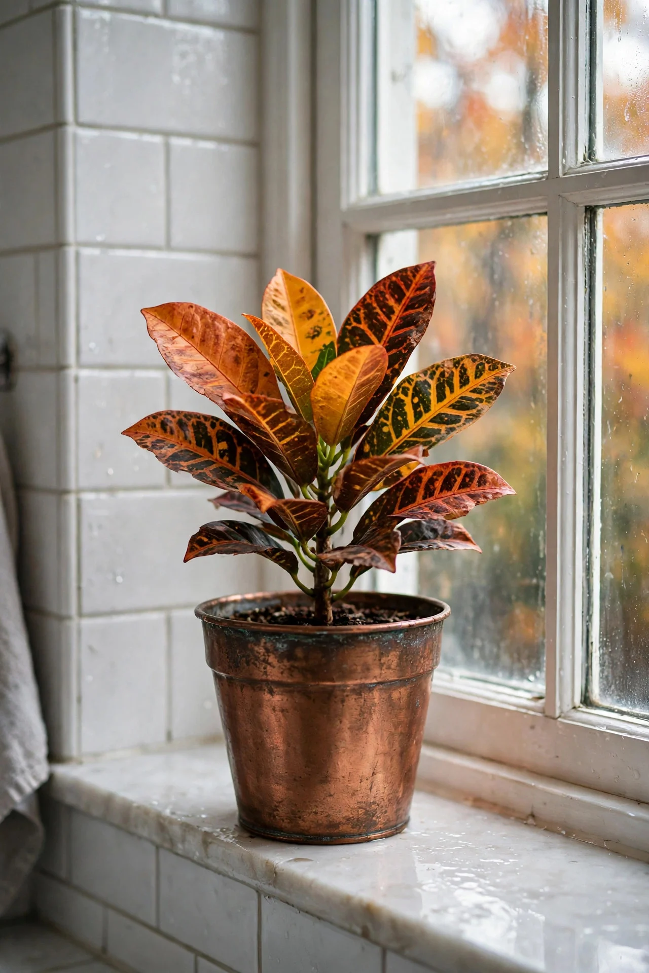 Fall plant in a copper pot on a bathroom sill