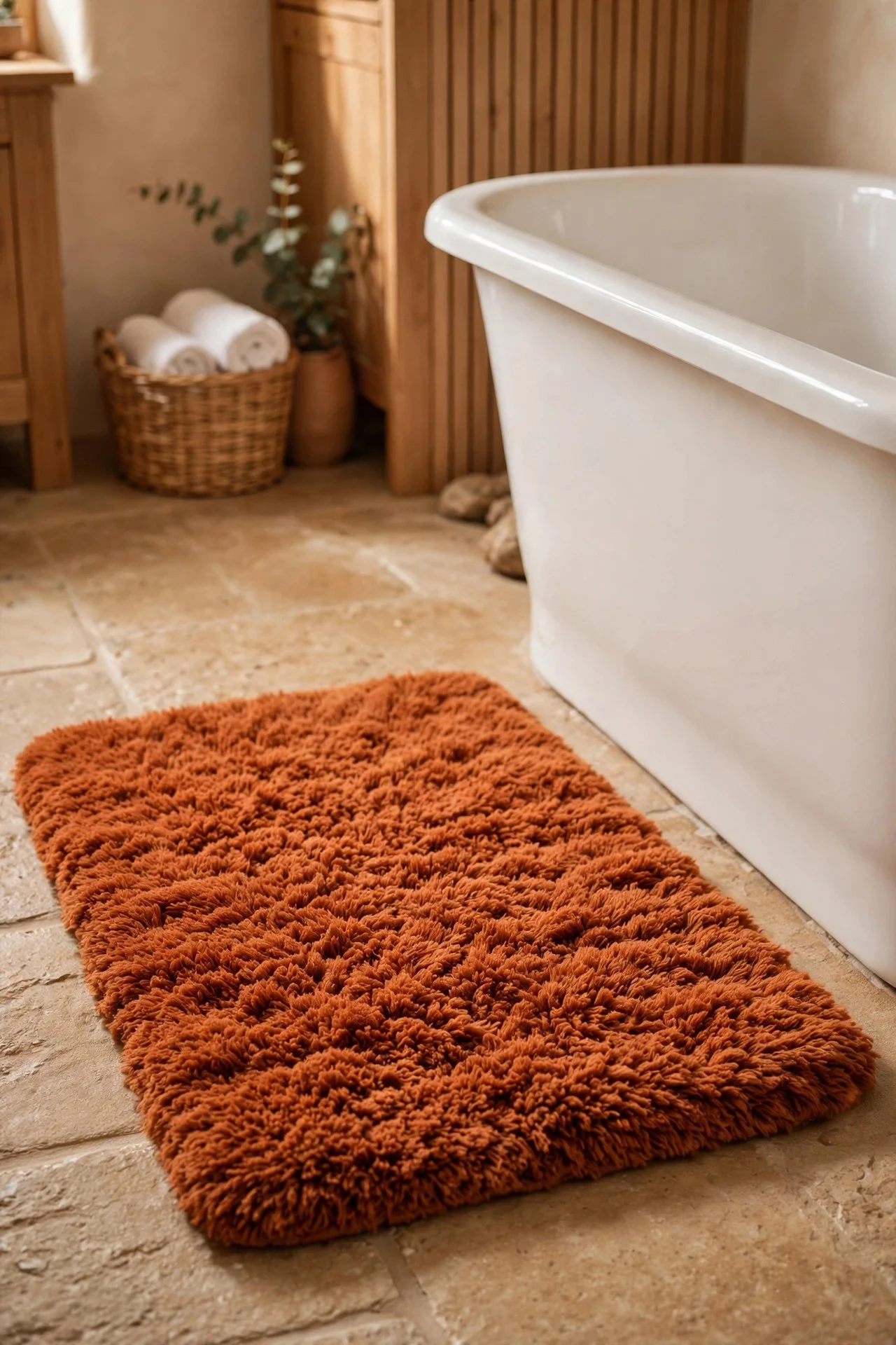 Plush rust bath mat beside a bathtub
