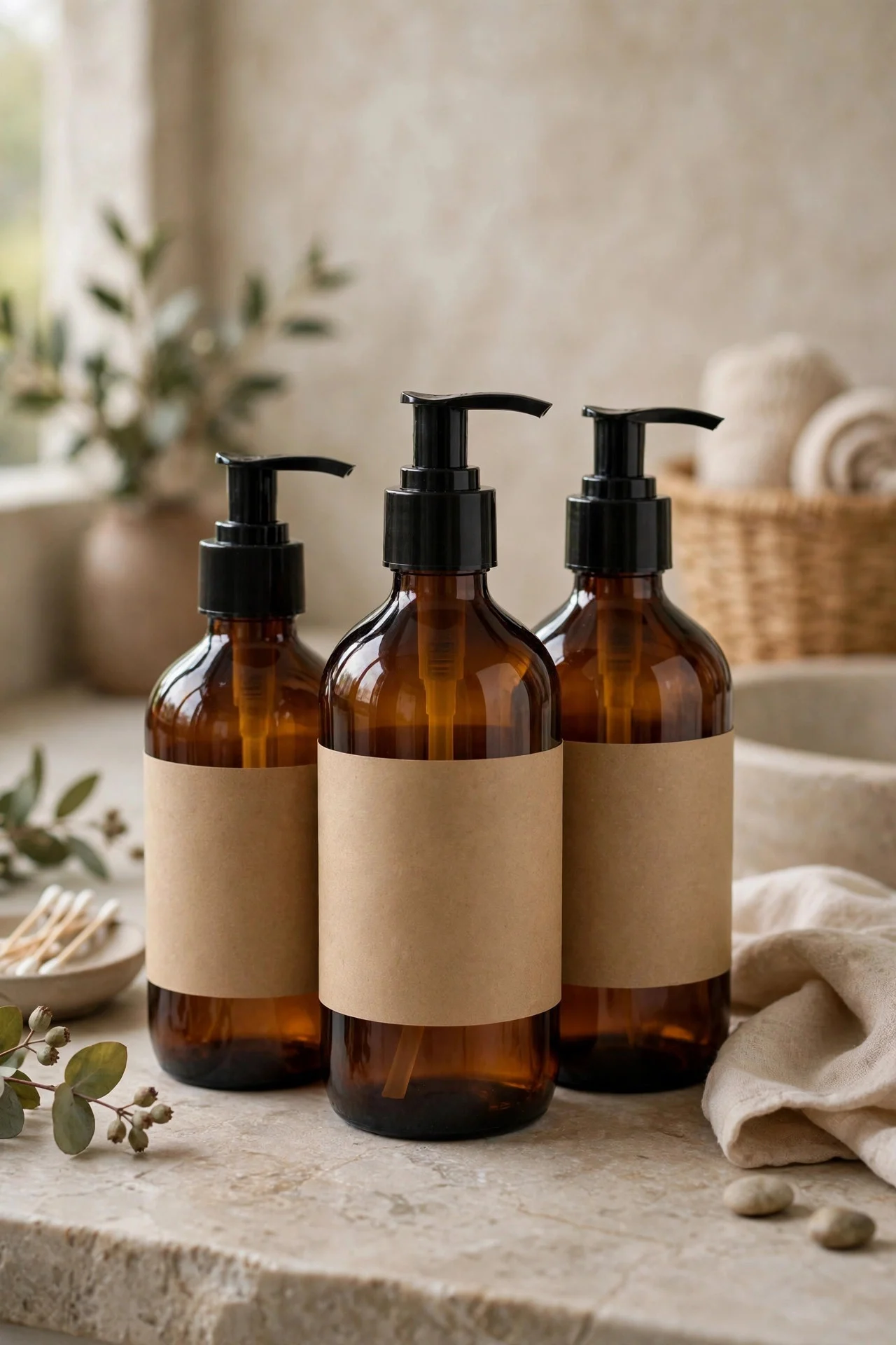 Amber glass bottles decanted on a bathroom counter