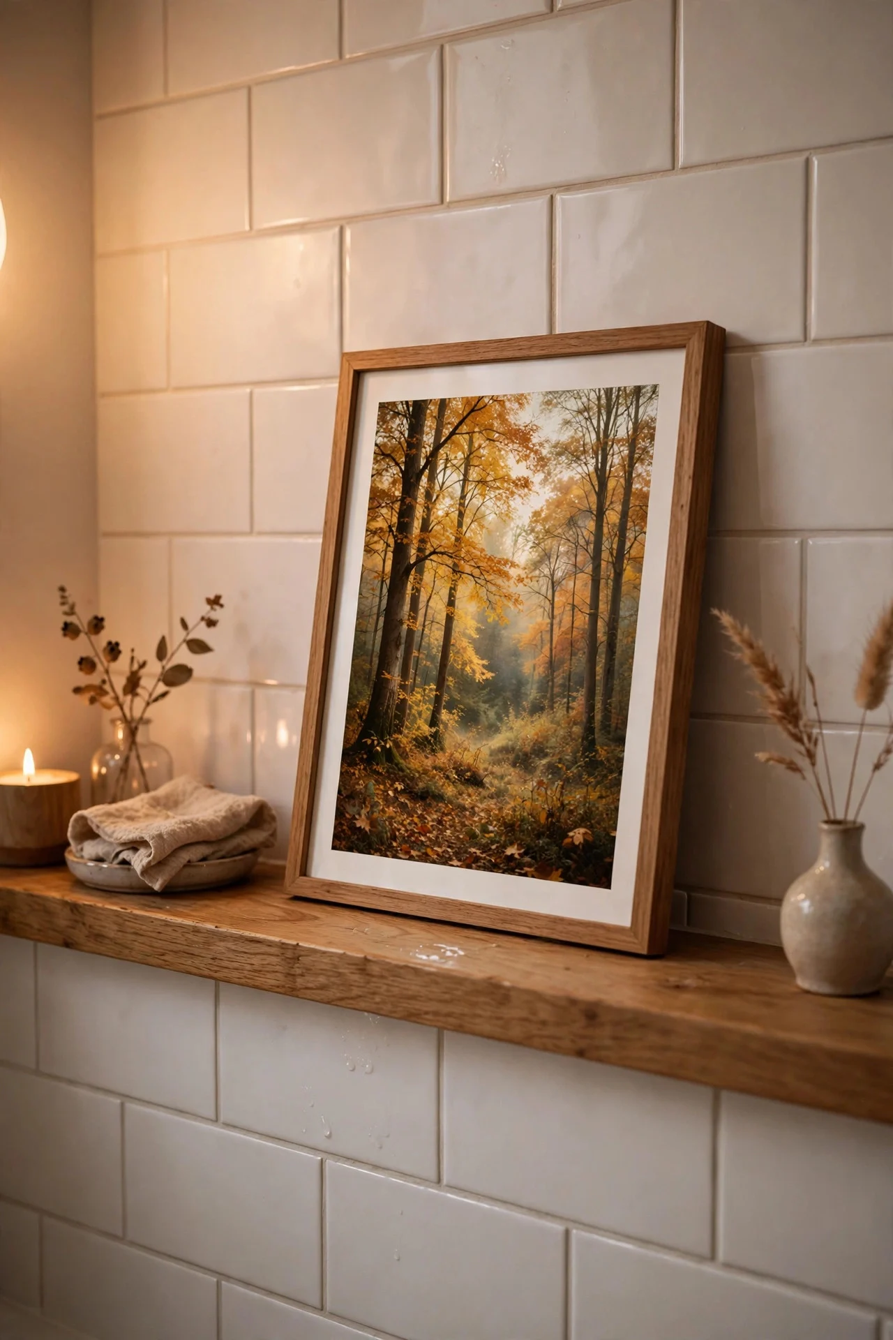 Framed autumn print in a bathroom