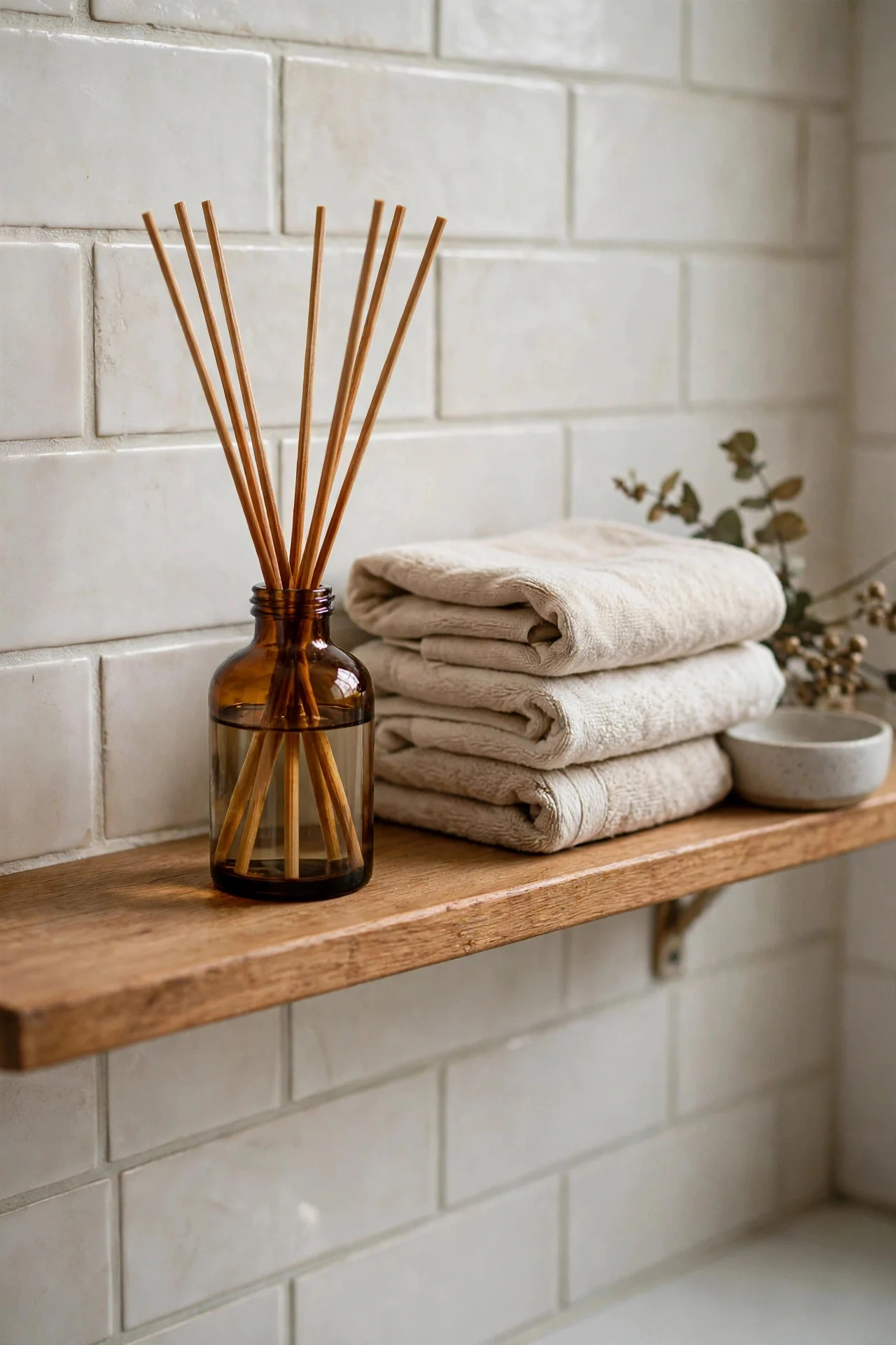 Reed diffuser on a bathroom shelf