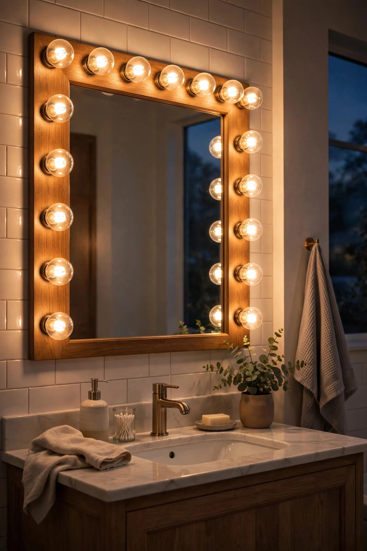 Warm glowing vanity lights in a bathroom