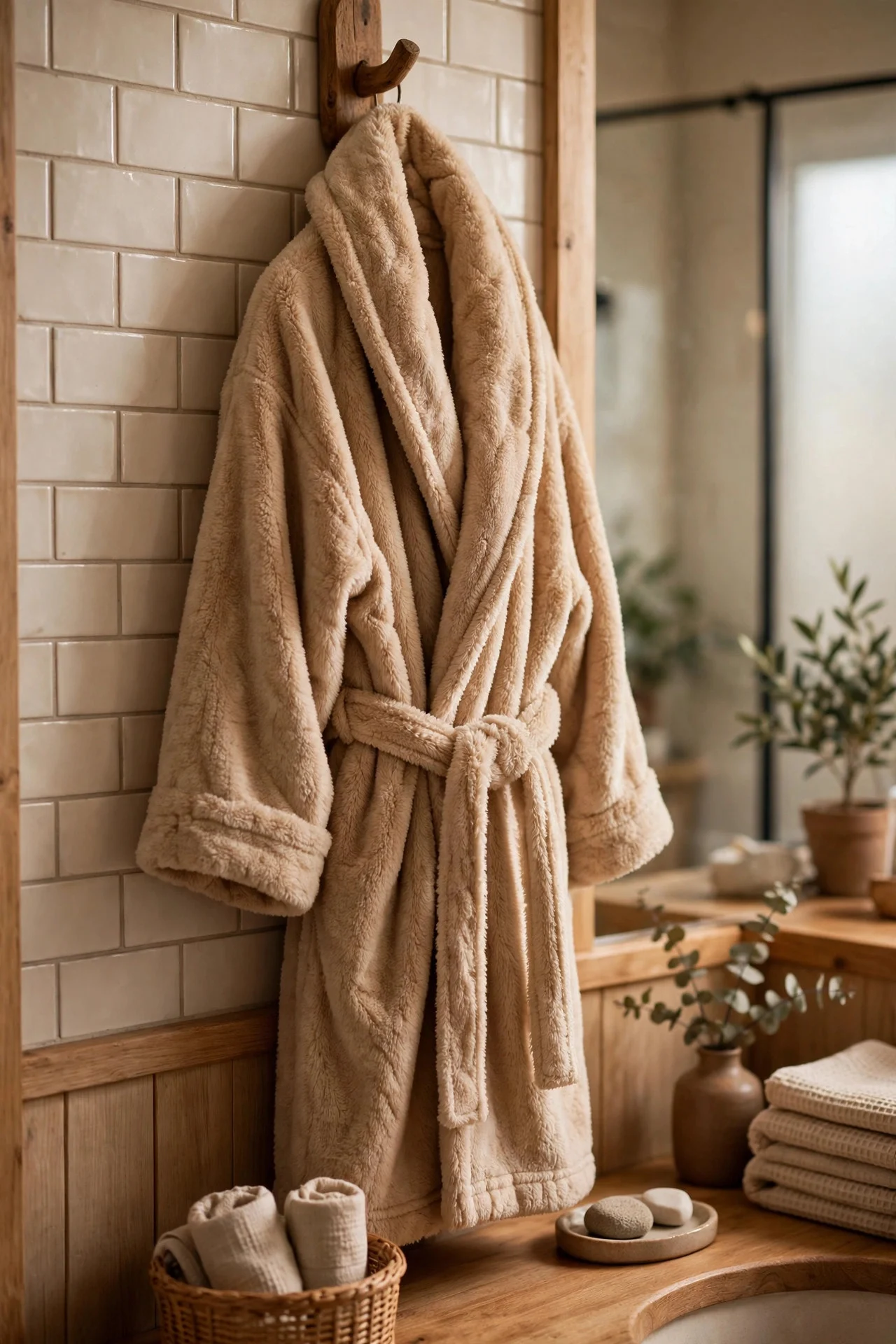 Plush robe on a wooden hook in a fall bathroom
