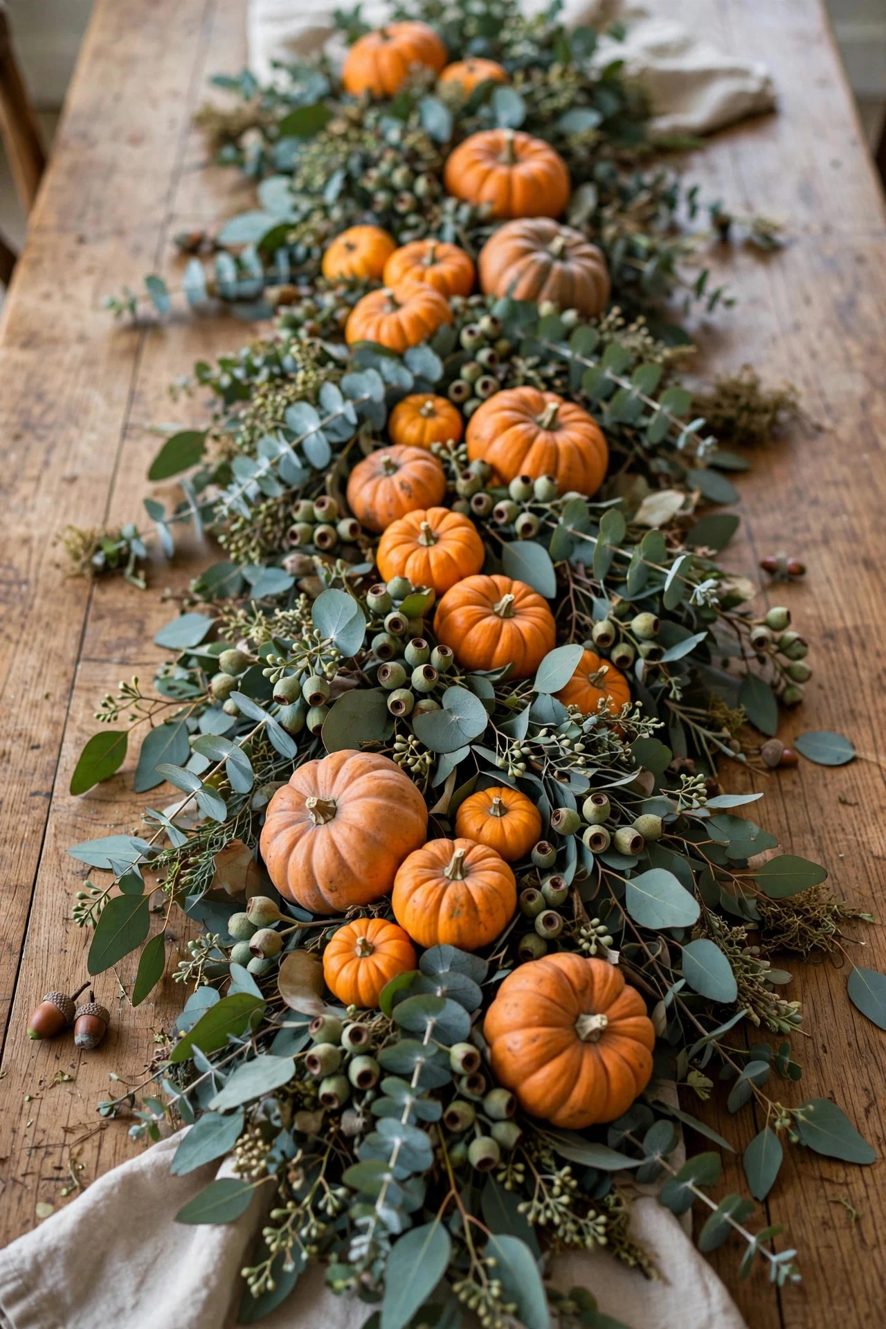 Pumpkin and eucalyptus runner on a dining table