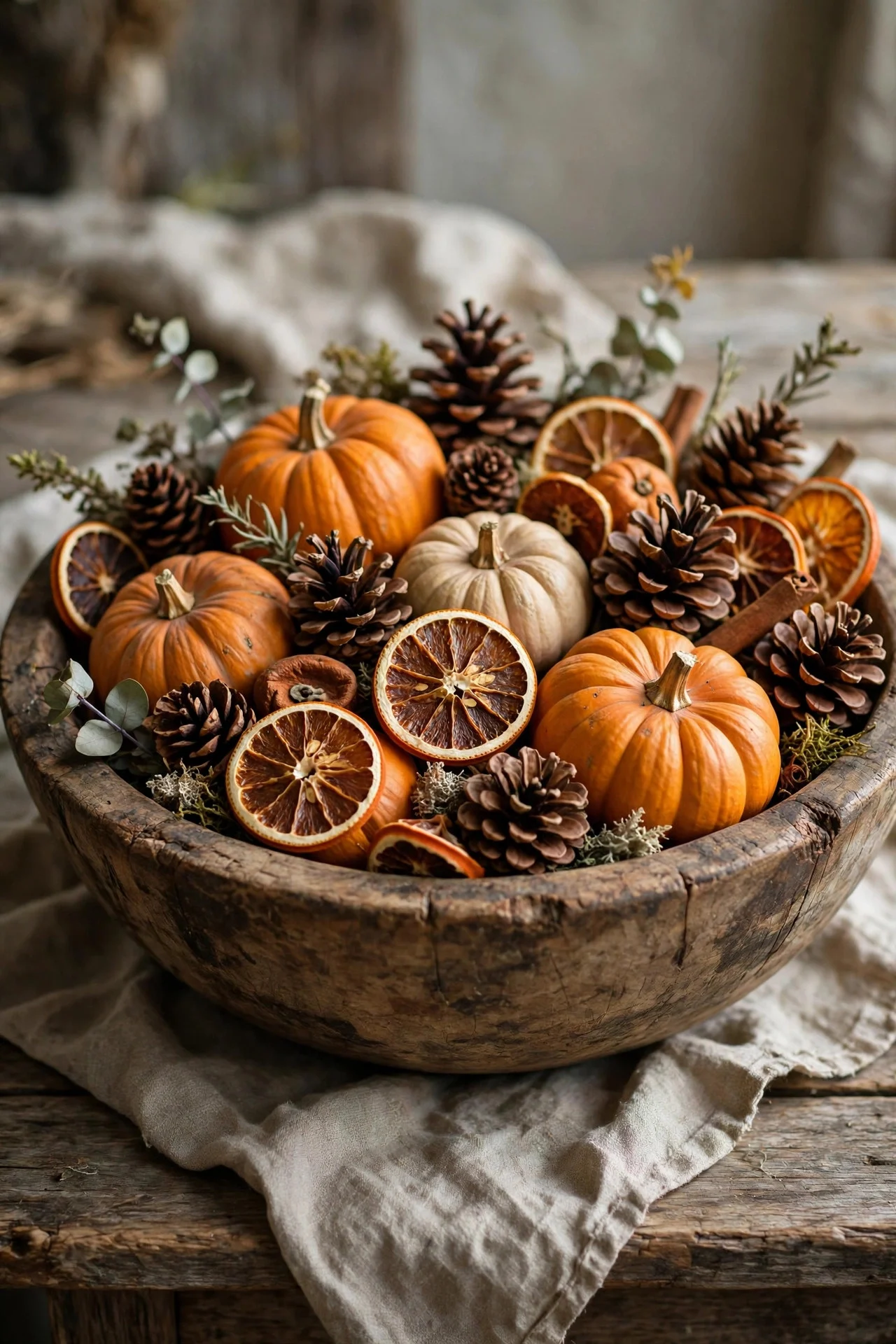 Wooden dough bowl filled with fall elements