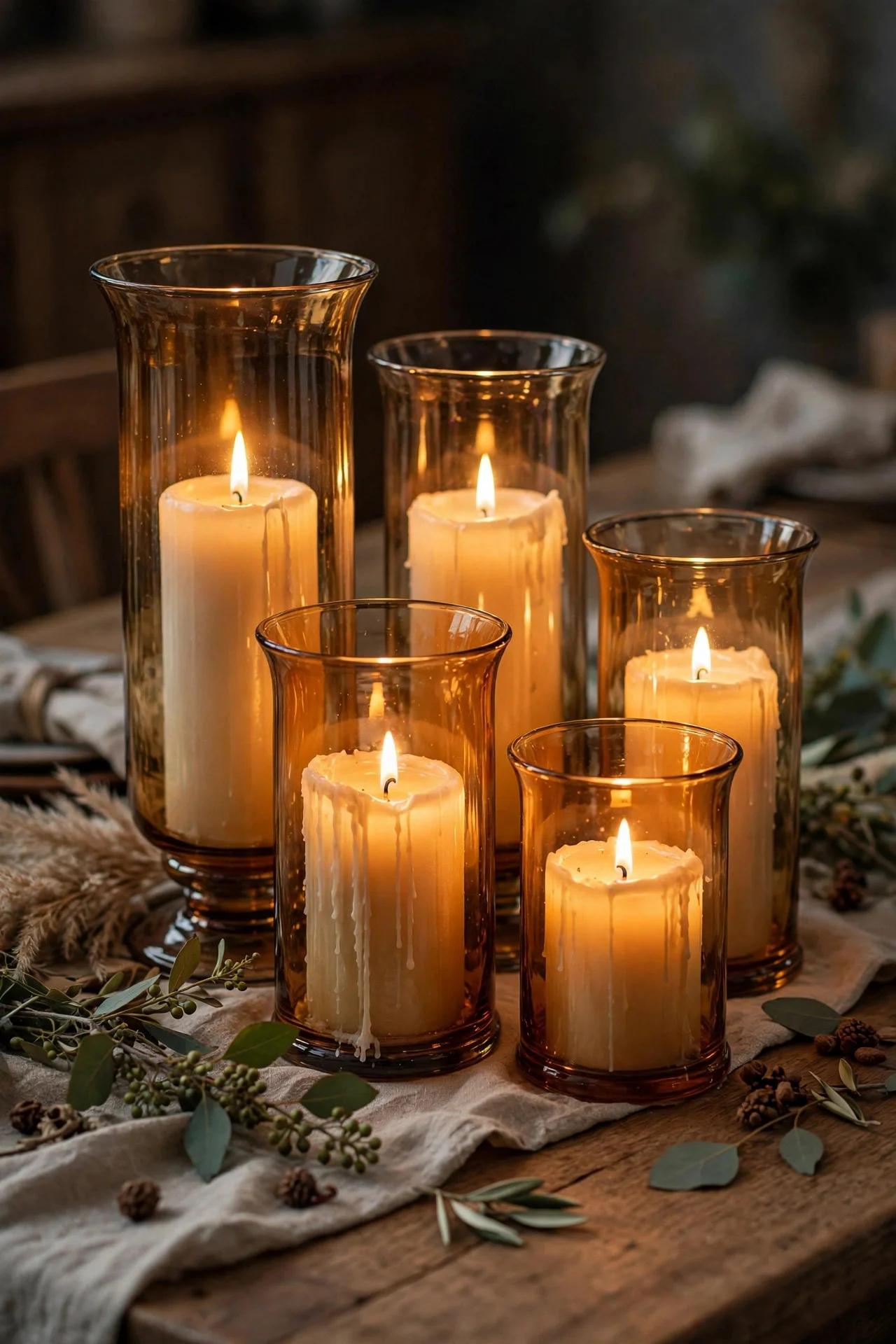 Amber glass hurricane candles on a table