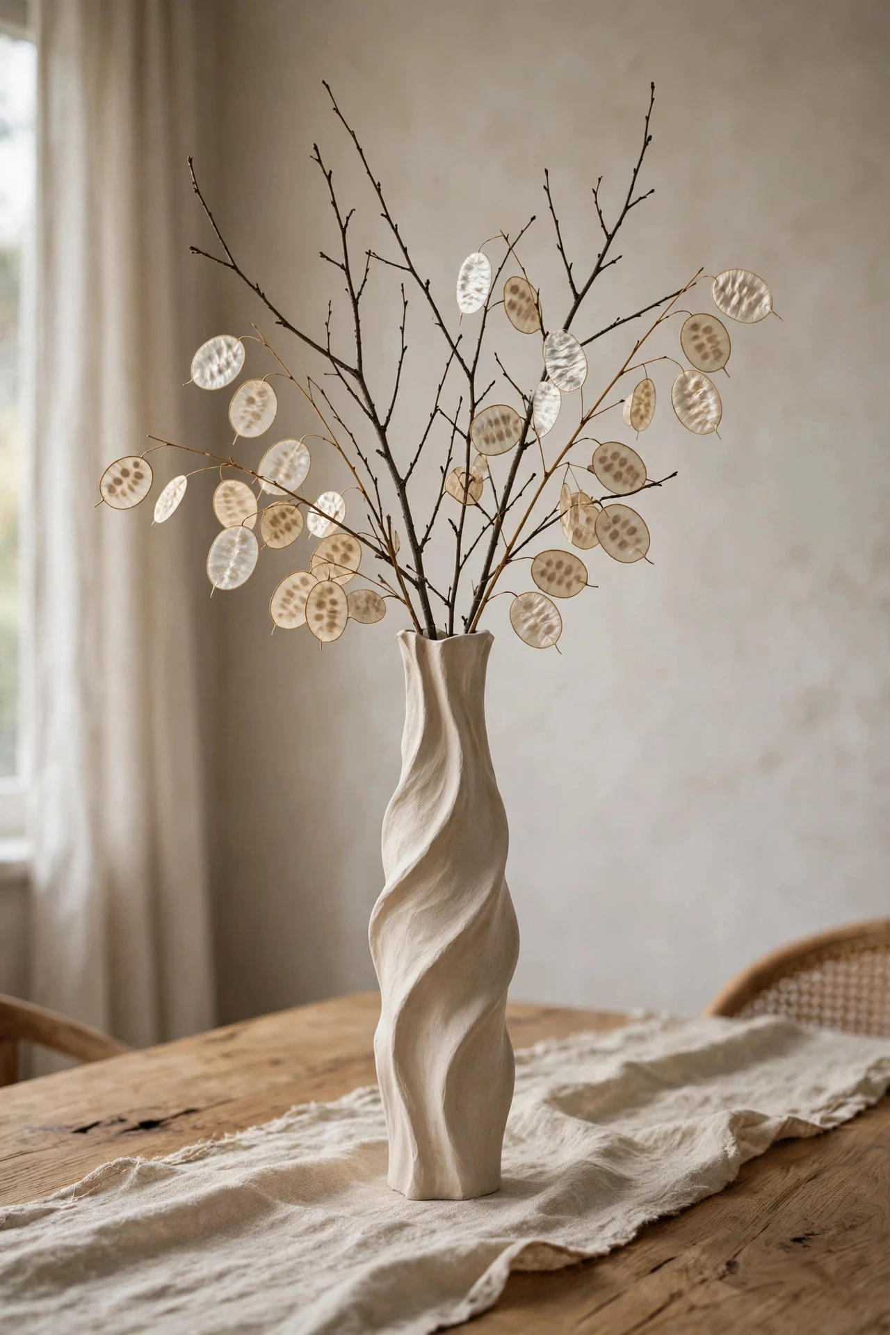 Tall branch arrangement in a vase on a table