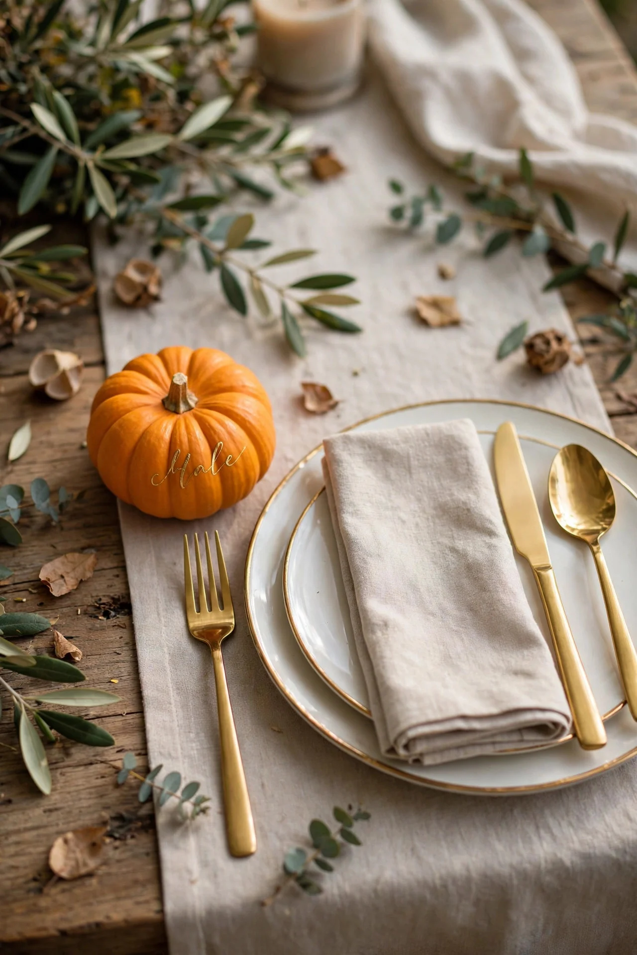 Mini pumpkin place card at a table setting