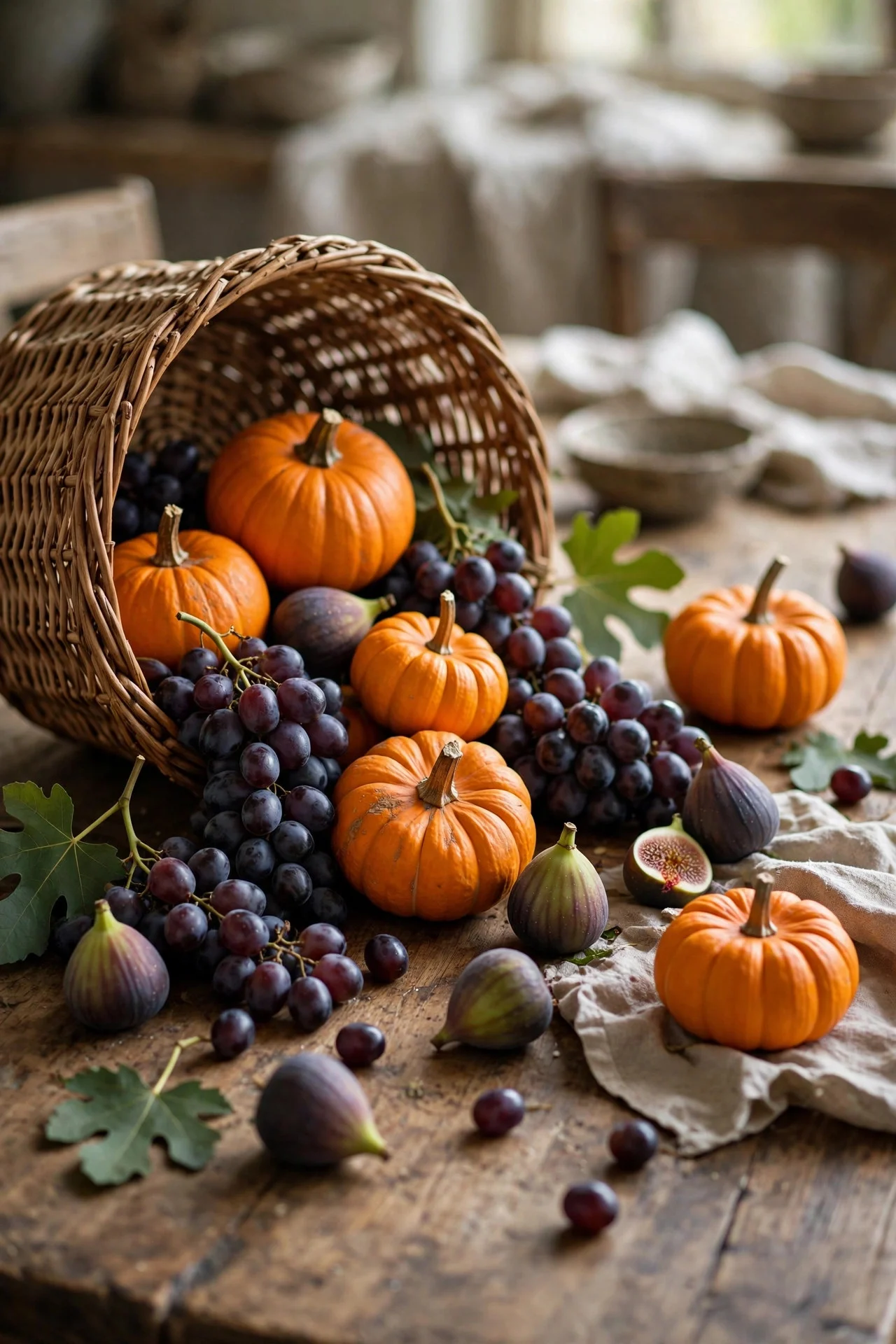 Basket spilling harvest produce on a table