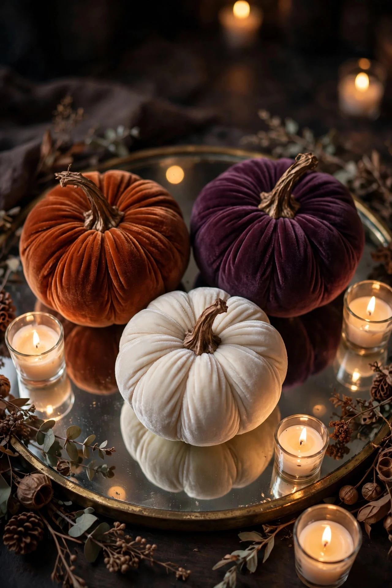 Velvet pumpkins on a mirrored tray