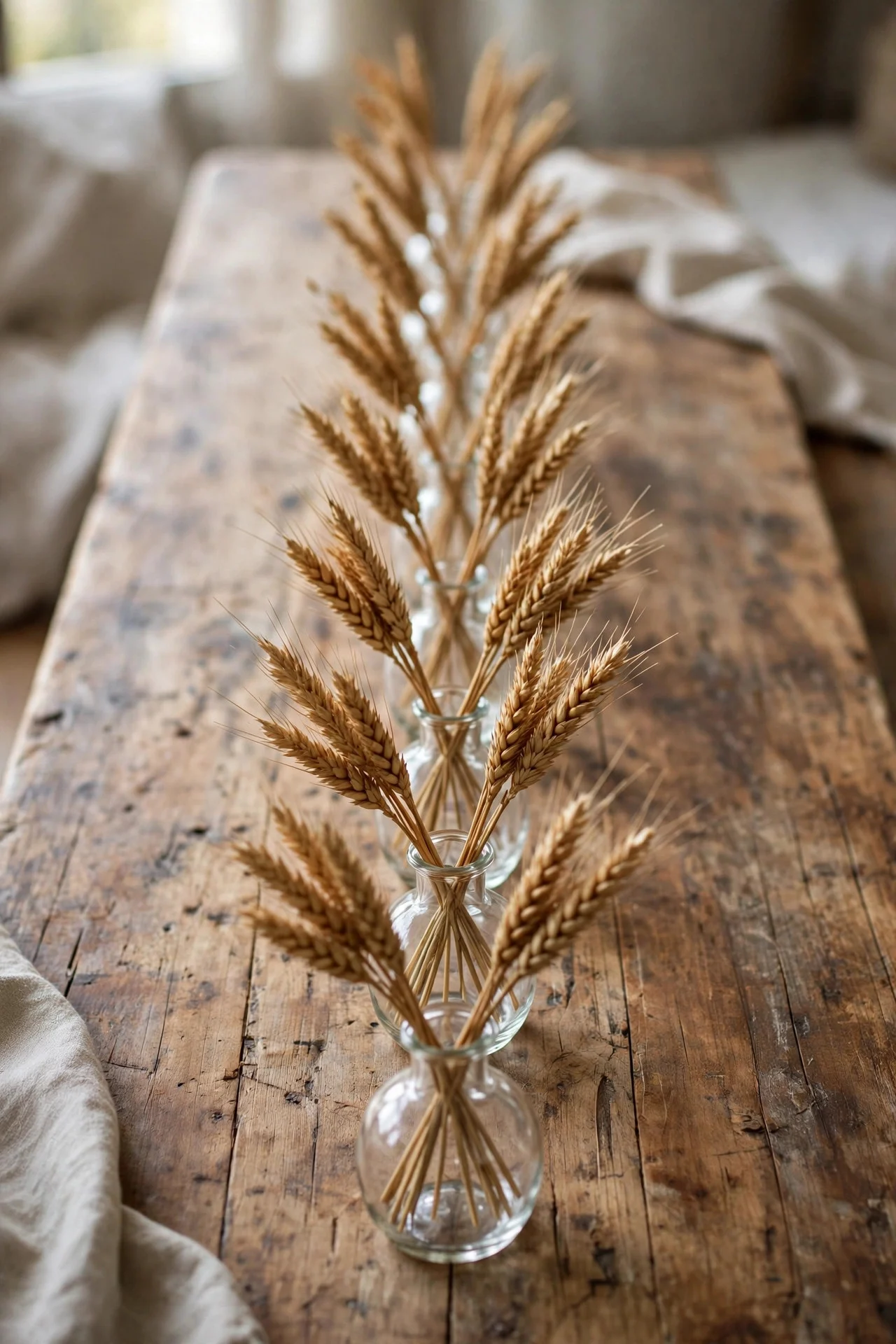 Bud vases with wheat bundles lining a table