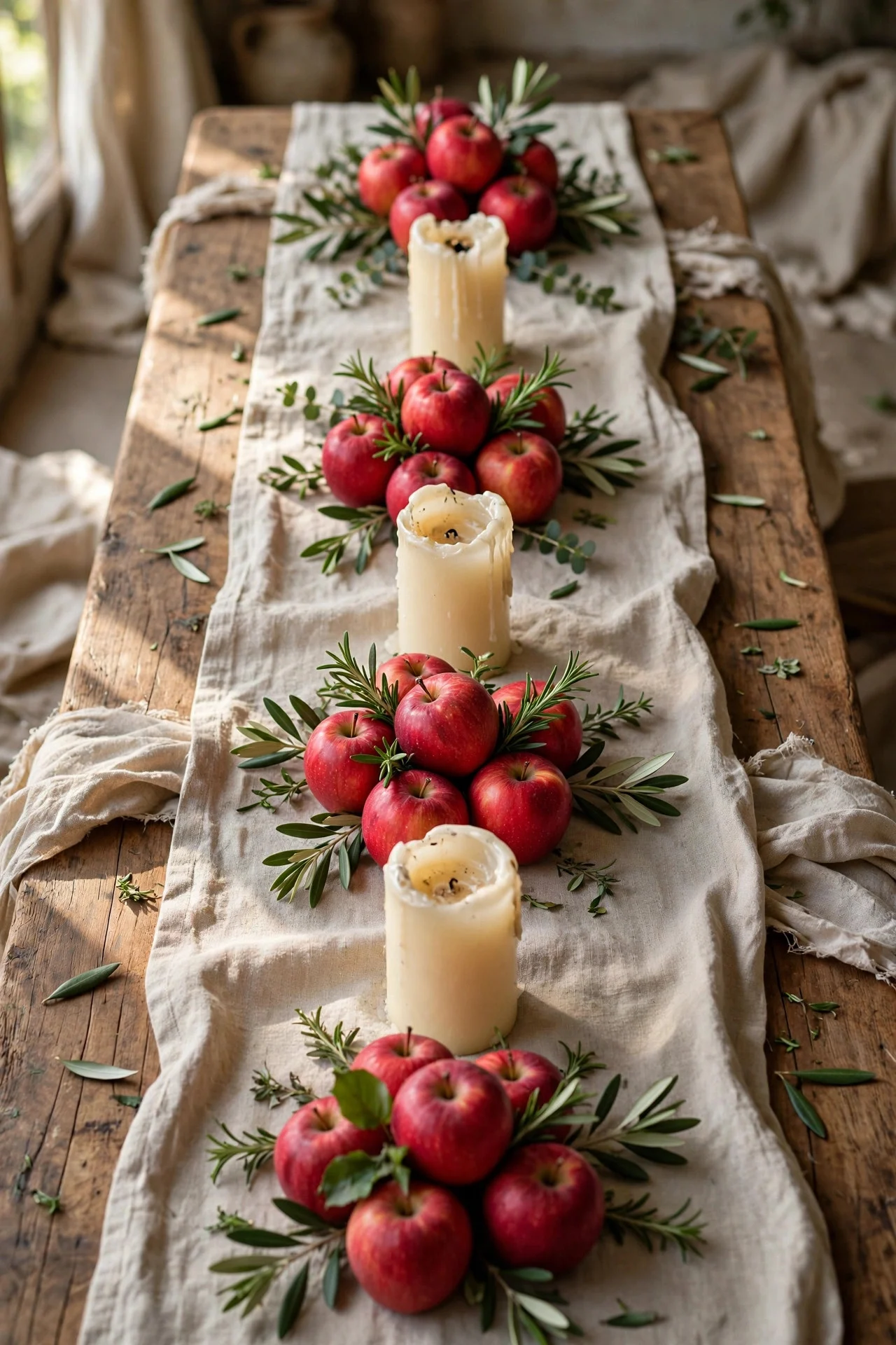 Apple and candle runner on a linen table runner