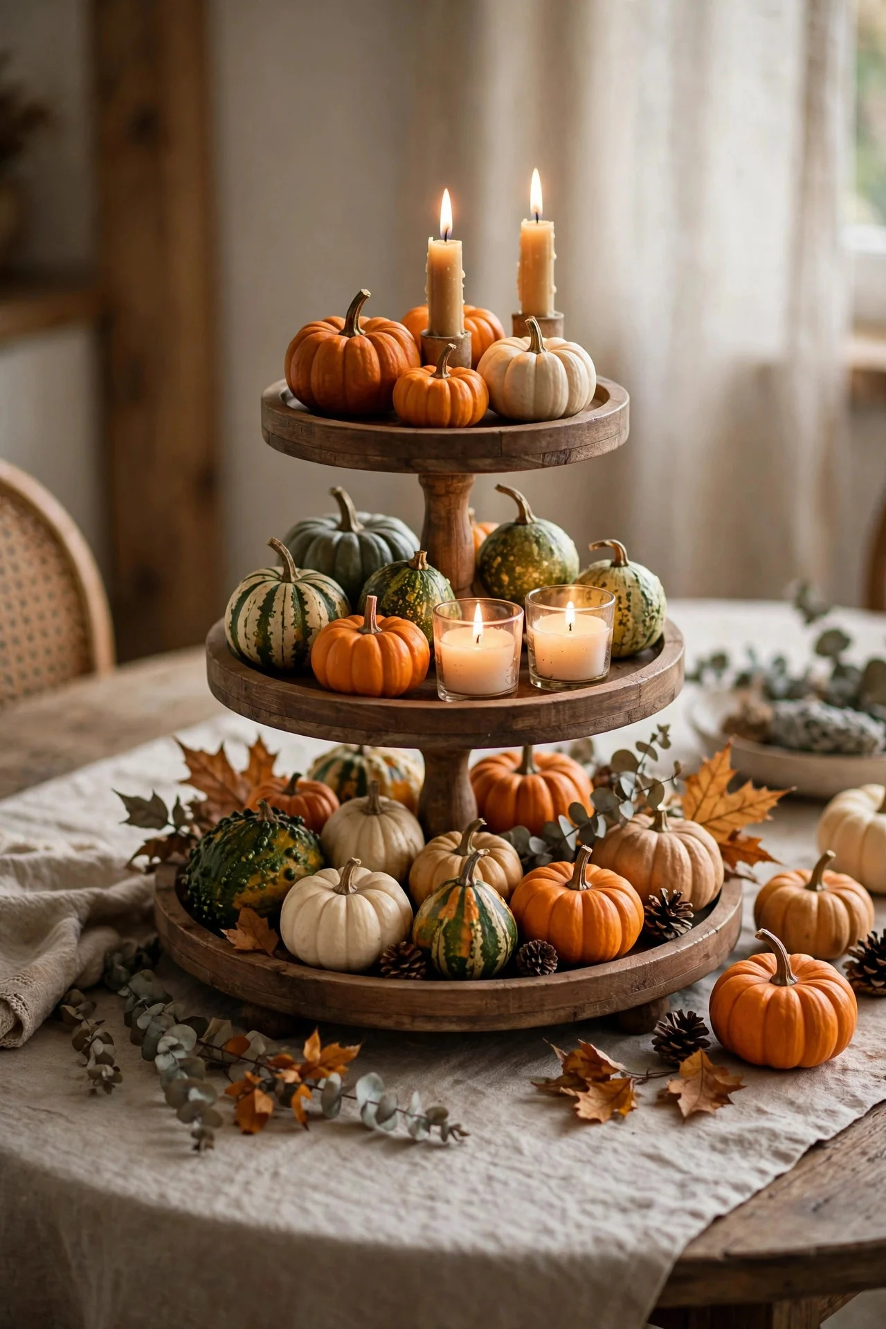 Tiered tray with fall decor on a round table