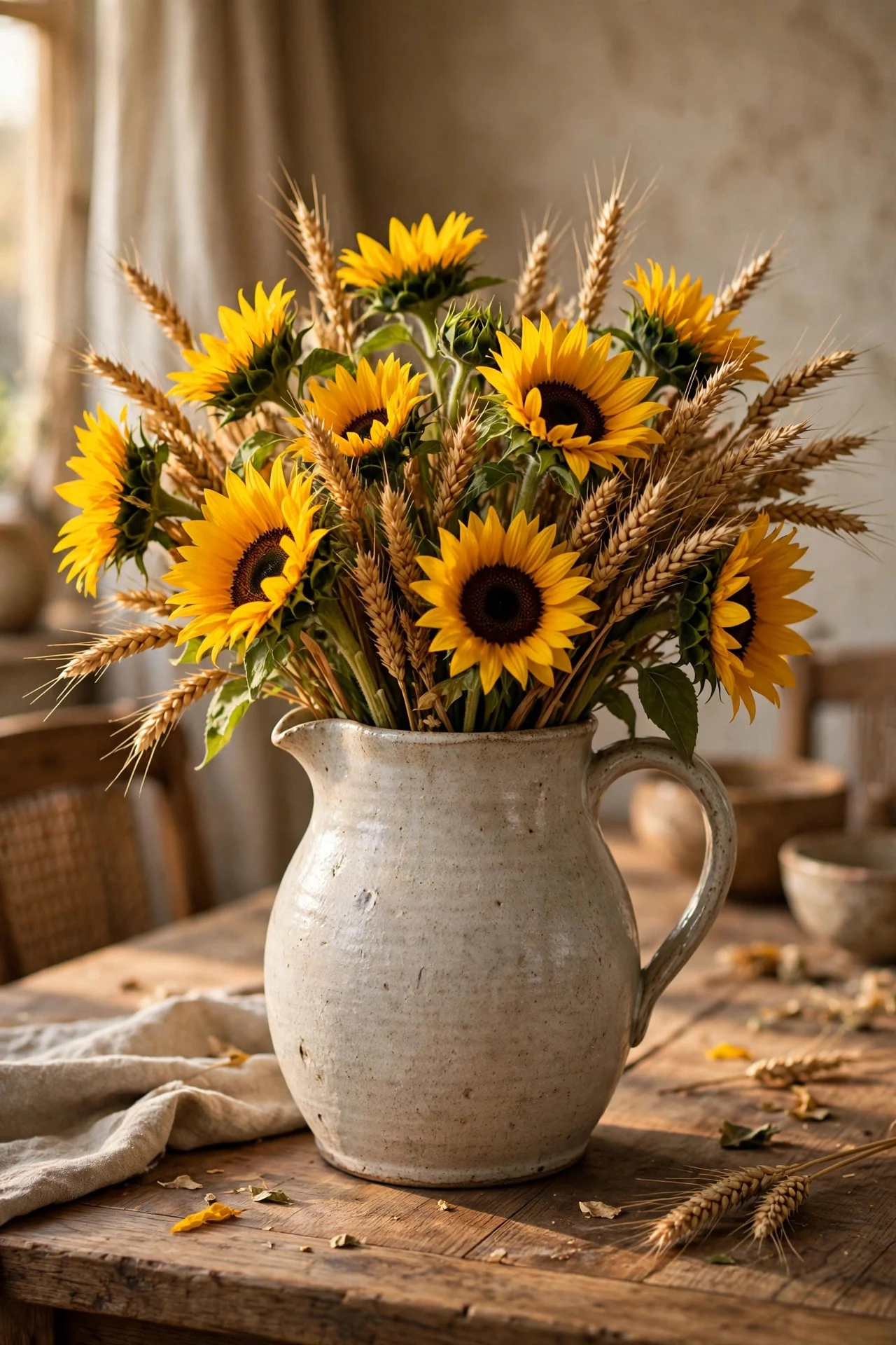 Sunflowers in a rustic pitcher centerpiece