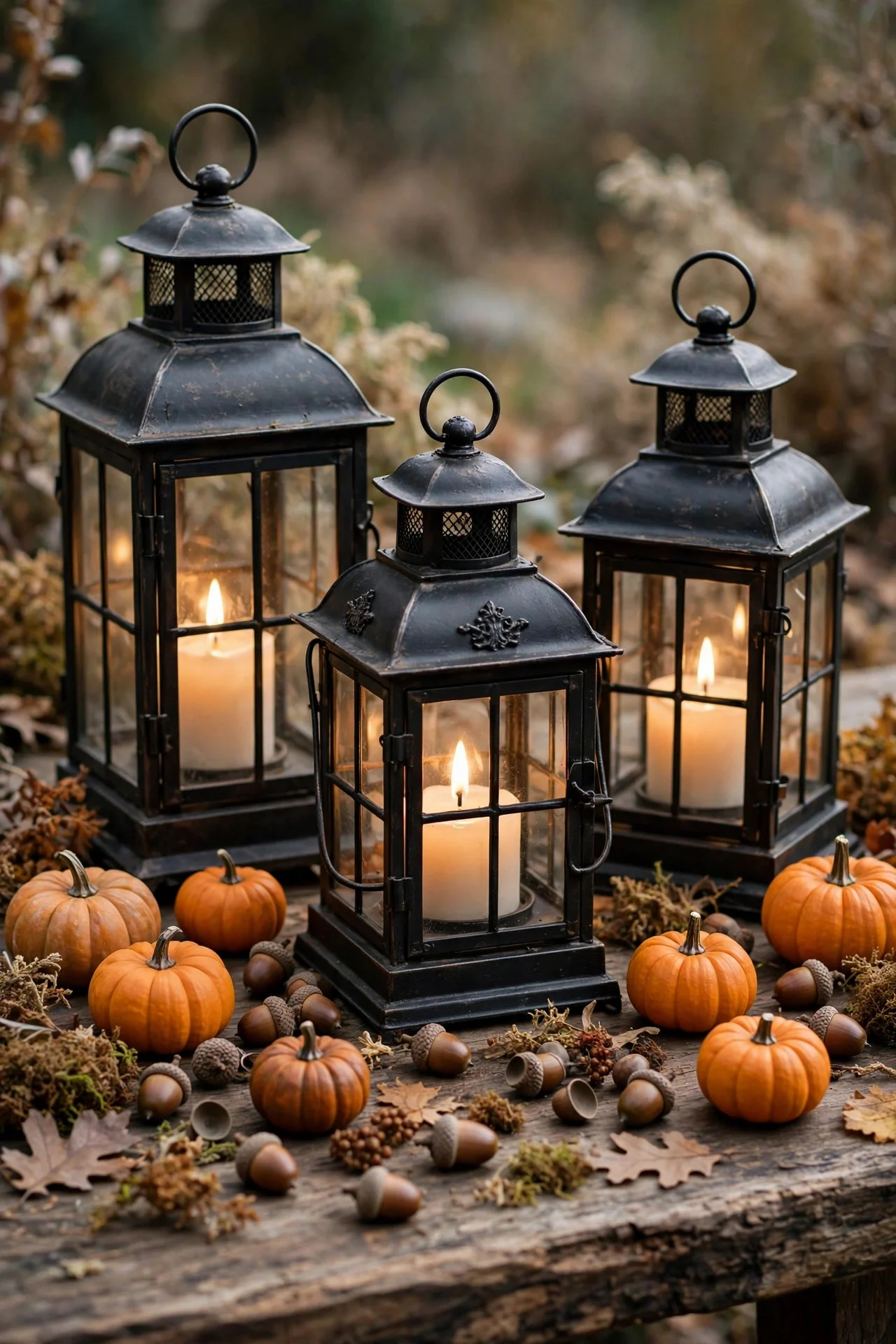 Lanterns with mini pumpkins on a dining table