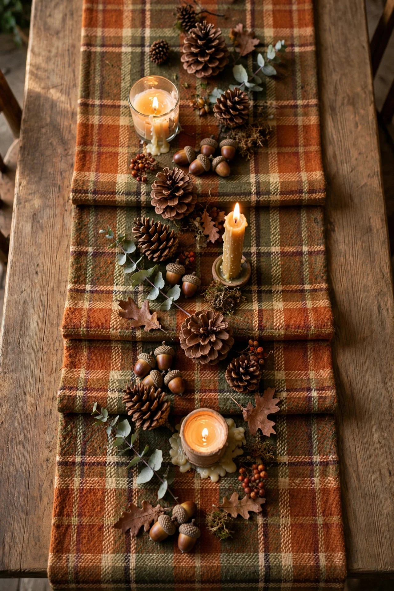 Plaid runner with pinecones on a dining table
