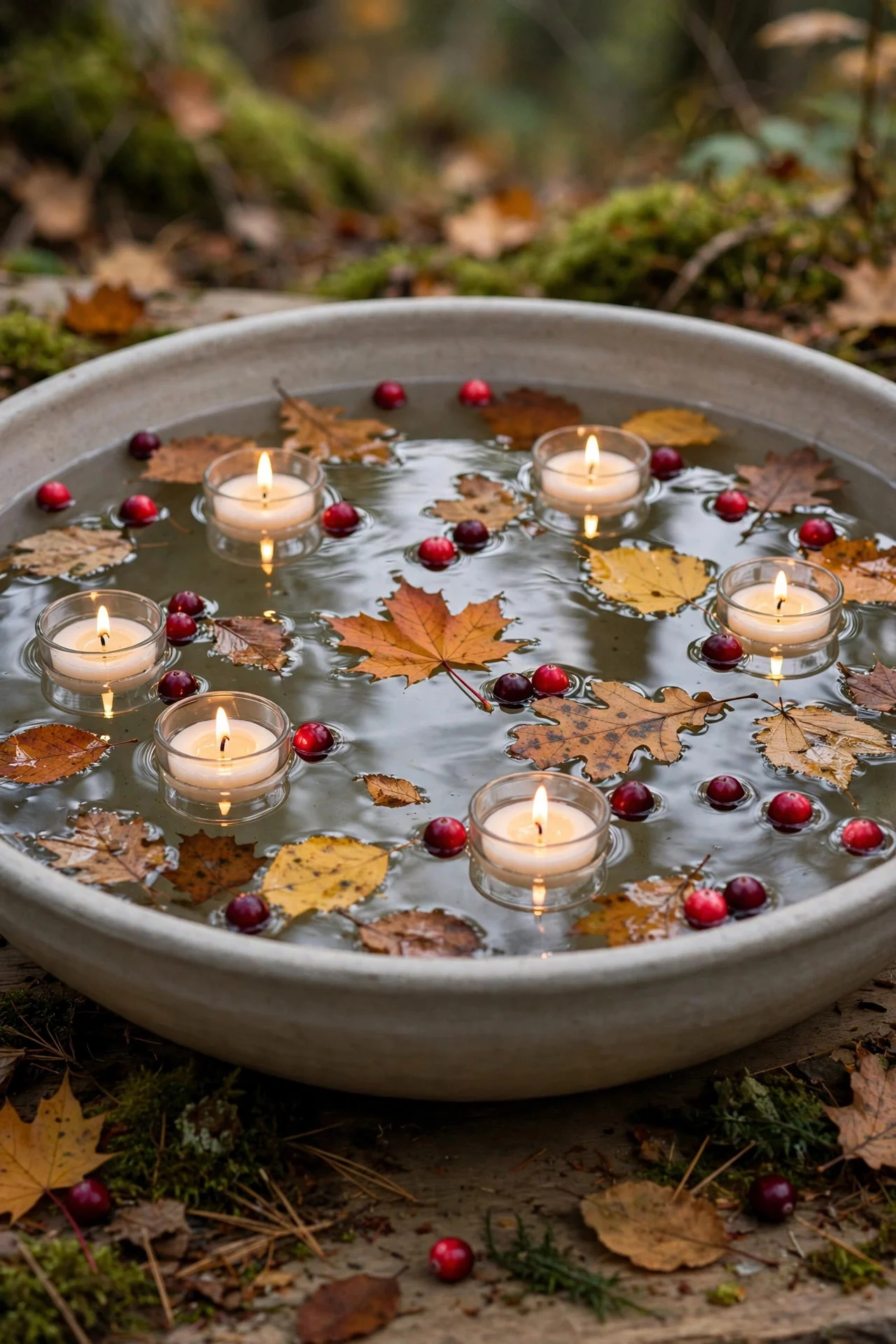 Floating candles with cranberries in a low bowl