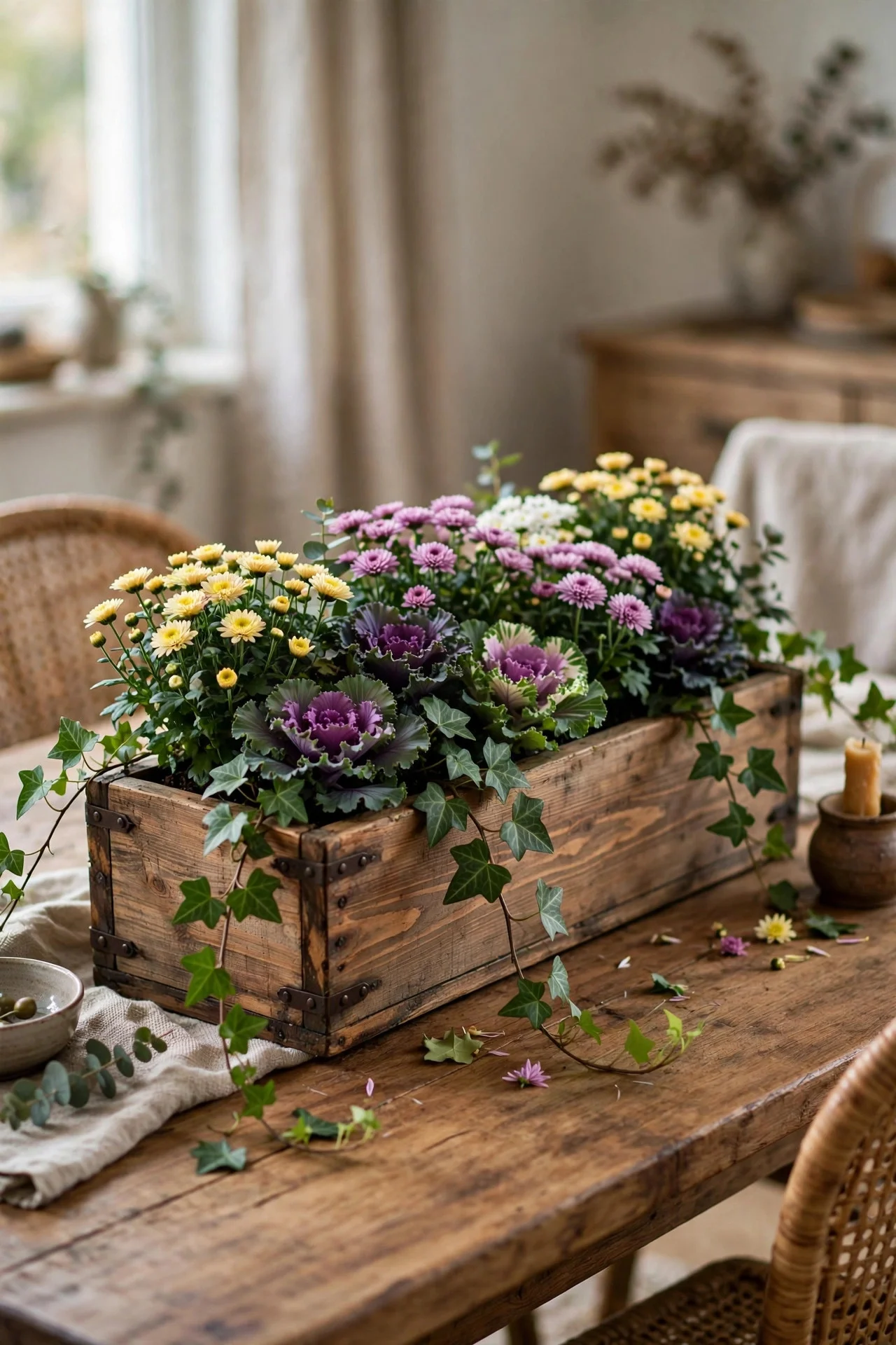 Wooden box planter with mums as a centerpiece