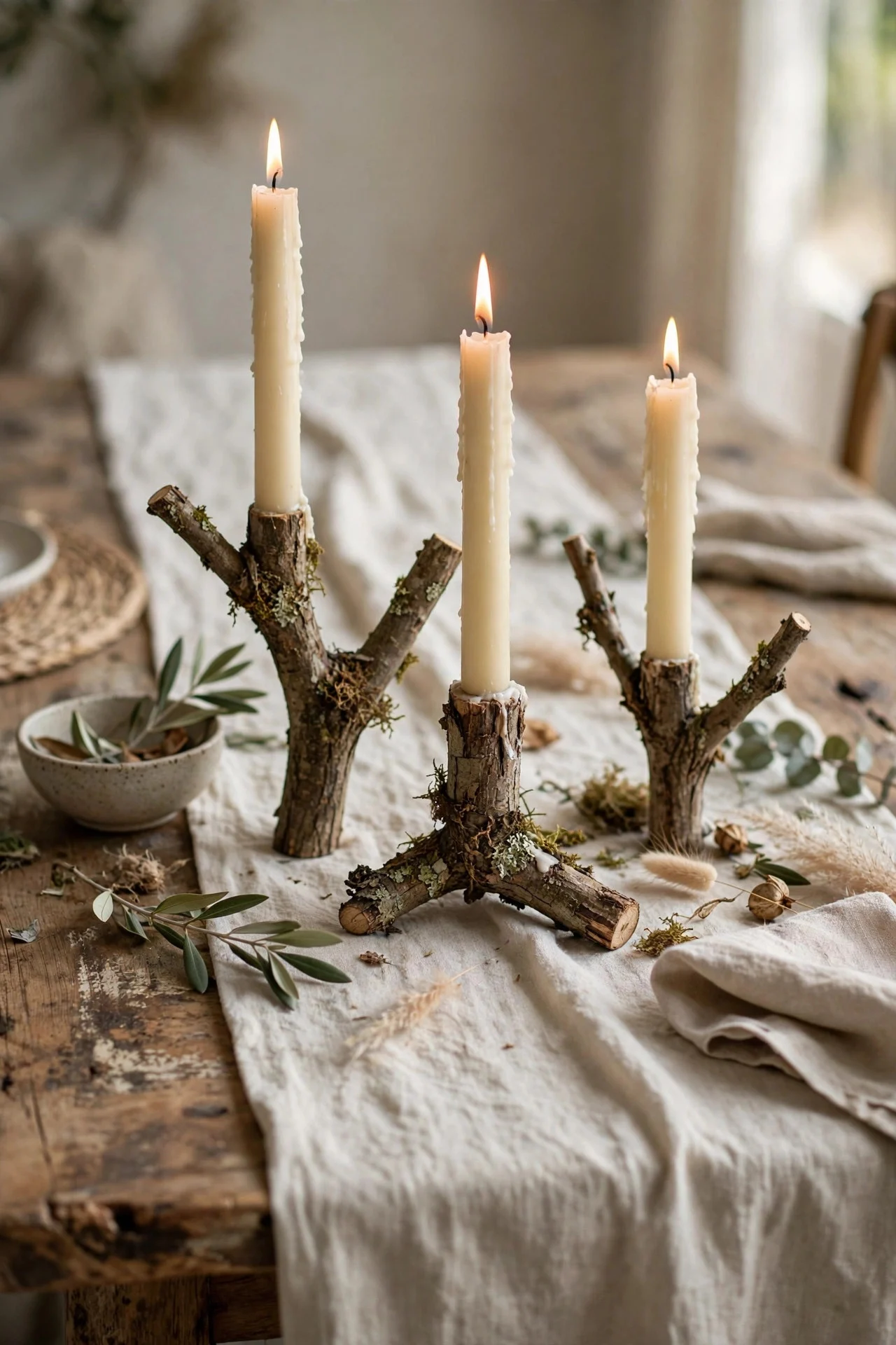 Branch candle holders with tapers on a table