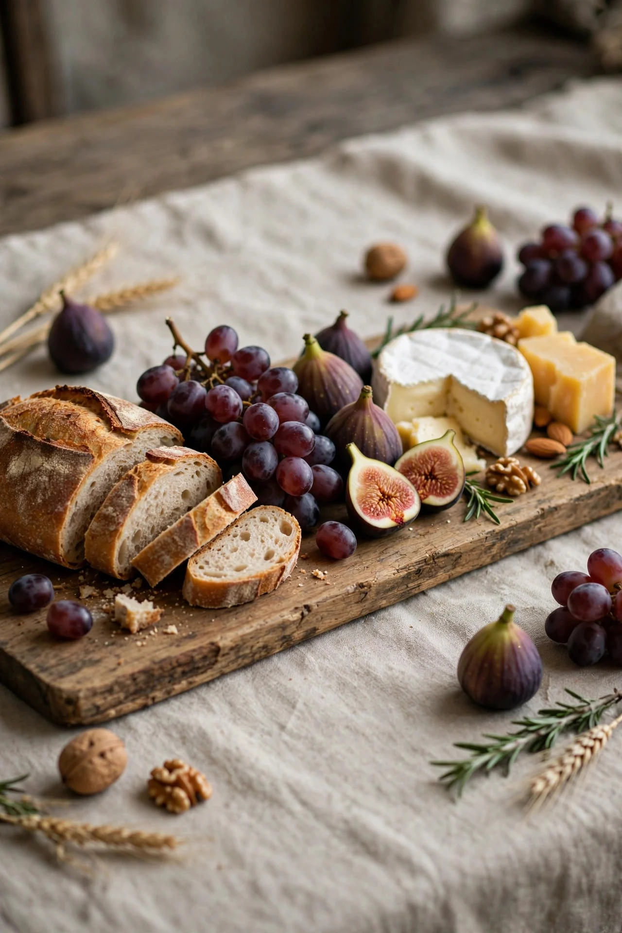 Edible centerpiece of bread, grapes and cheese