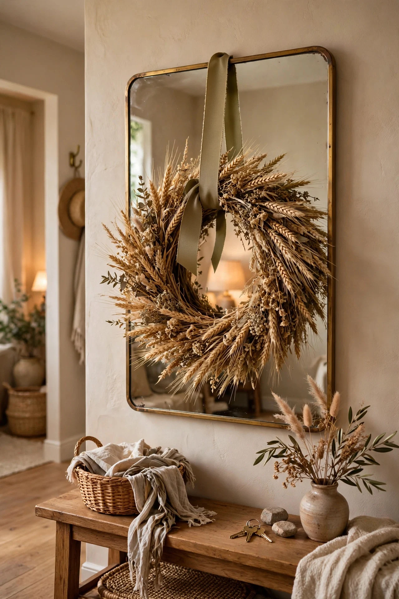 Dried wheat wreath hanging on an entryway mirror