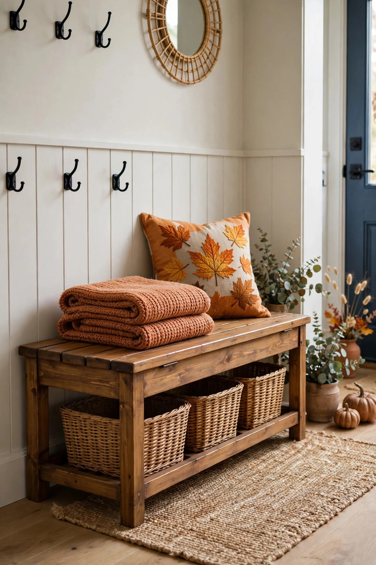 Storage bench with throw in a fall entryway