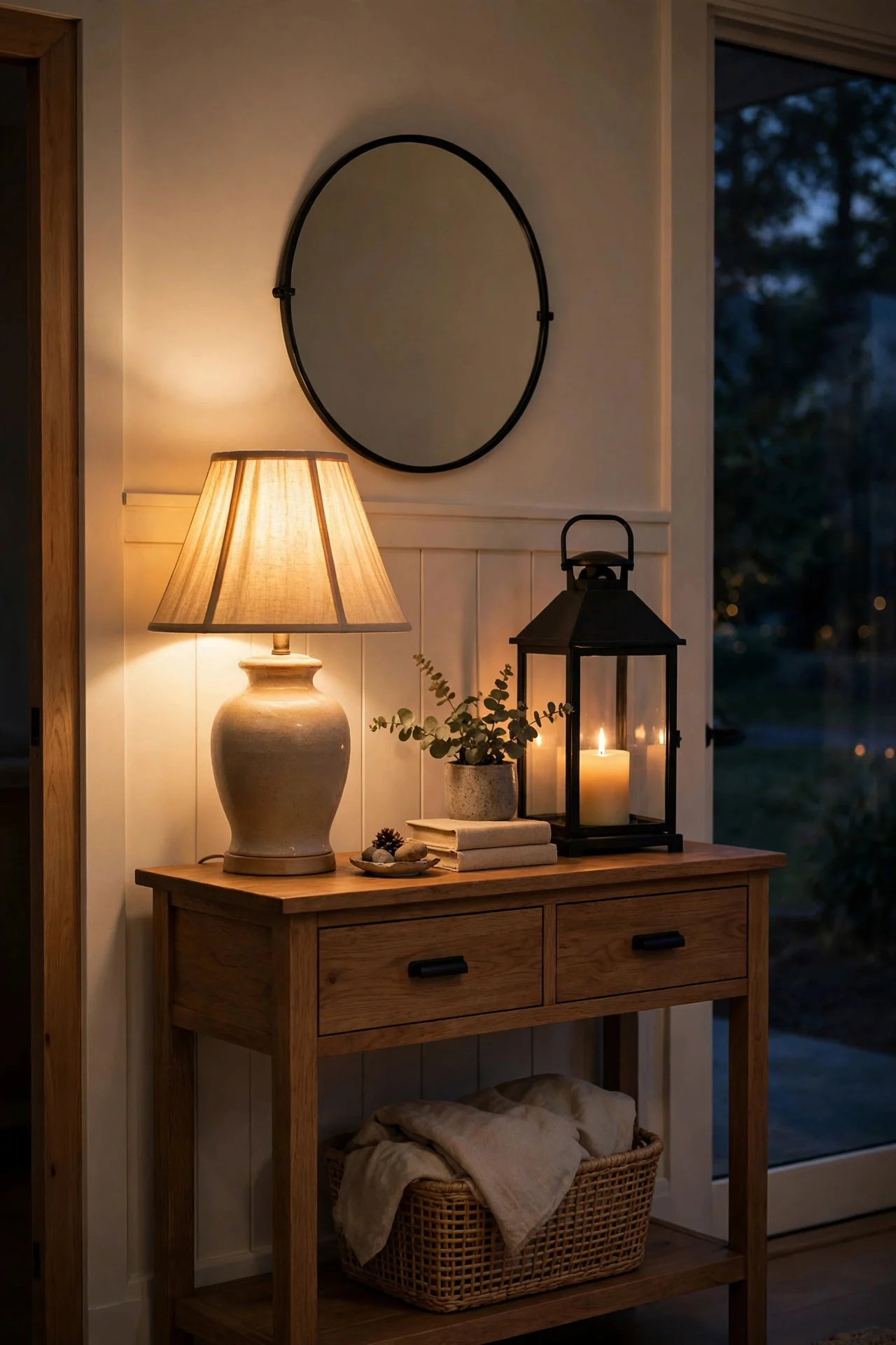 Warm lamp glowing in a fall entryway