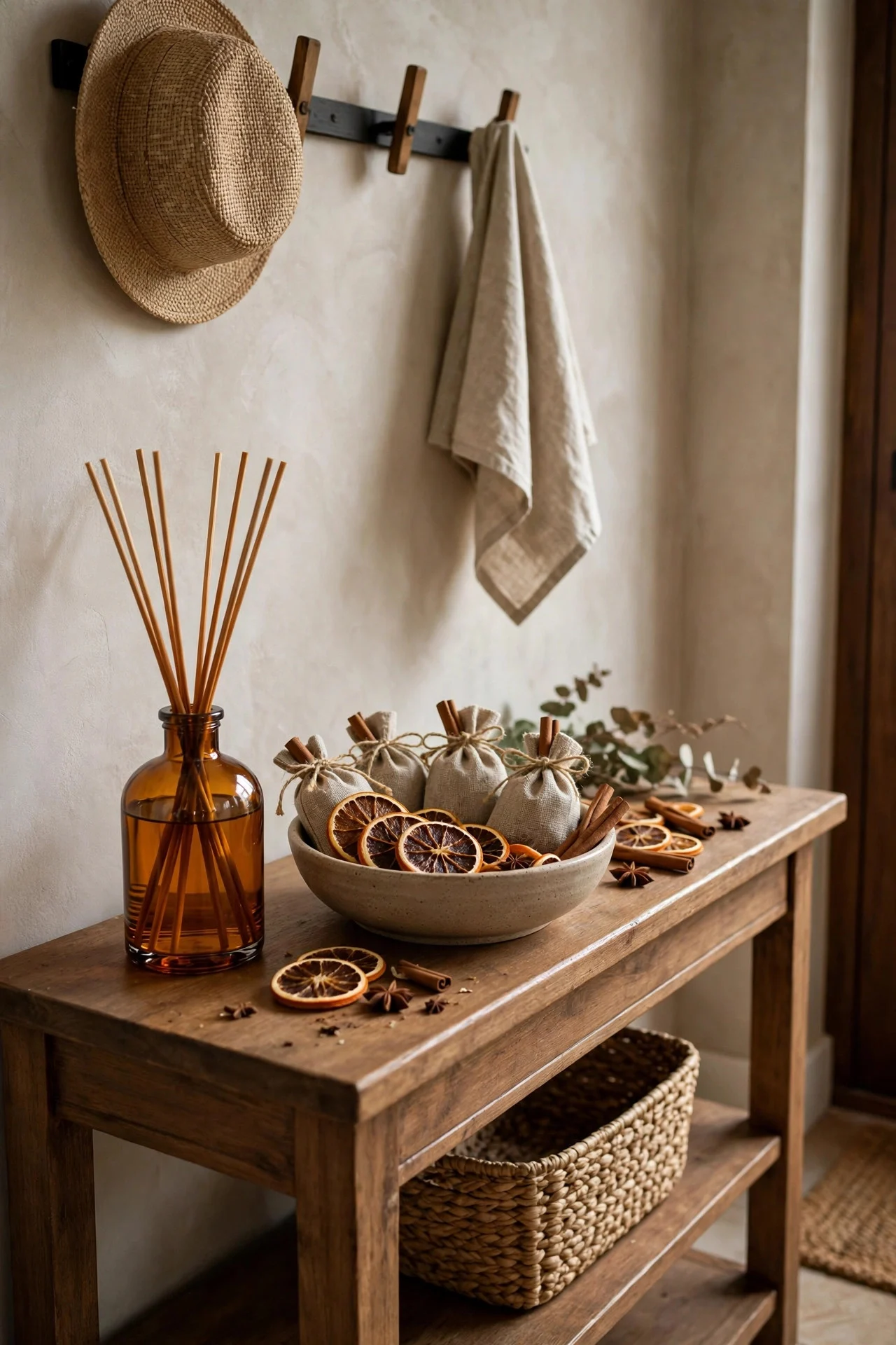 Fall reed diffuser on an entryway console