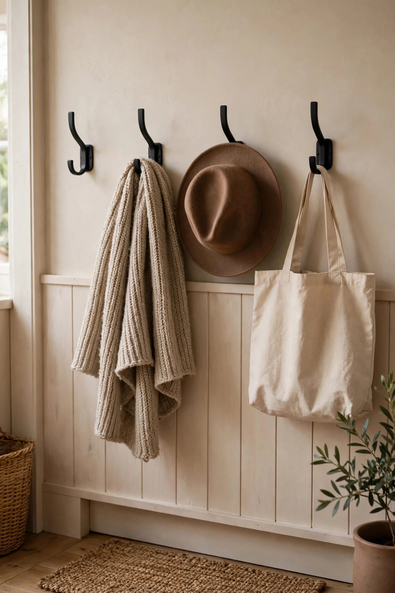 Wall hooks with scarves and hats in an entryway