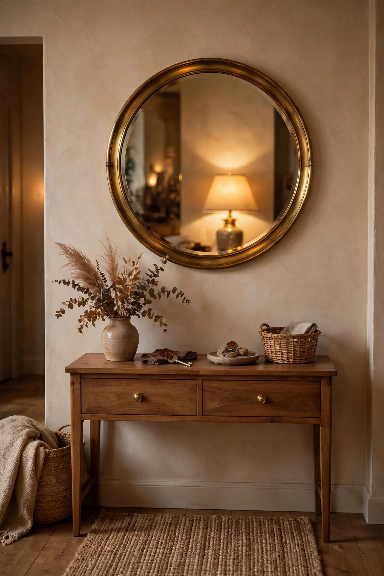 Round mirror above an entryway console