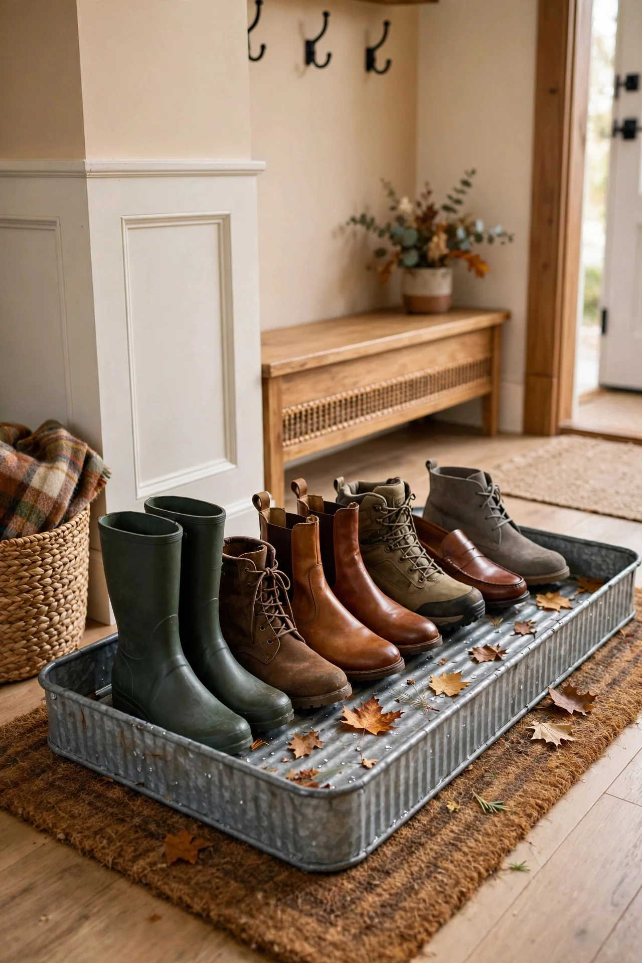 Boot tray with shoes in a tidy entryway