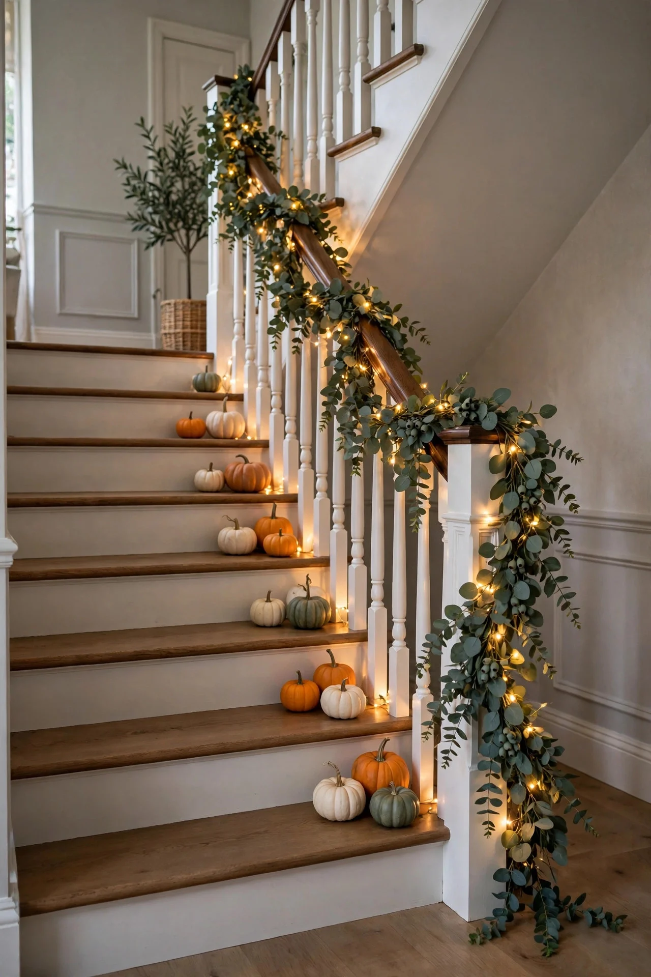 Garland draped along an entryway staircase