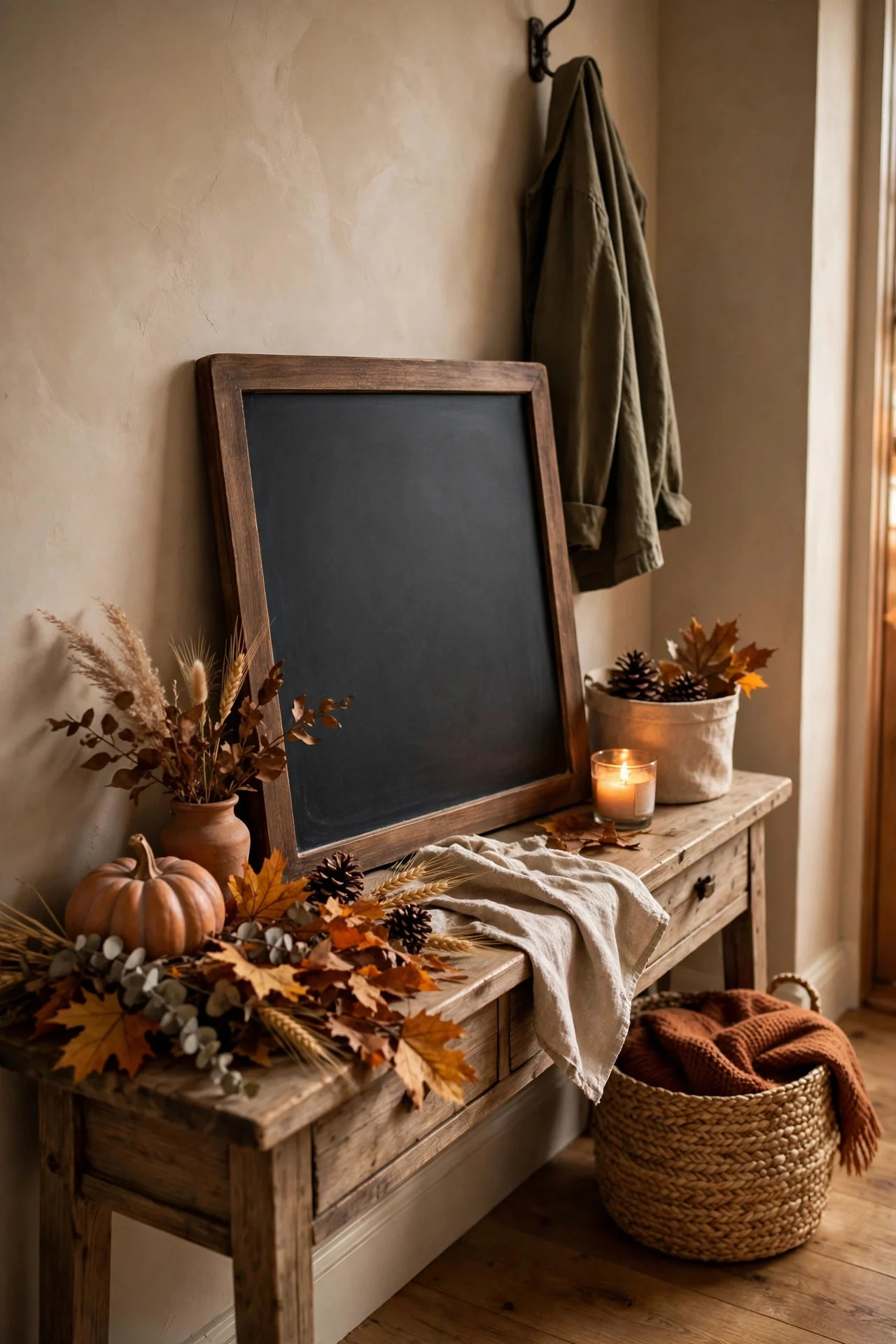 Chalkboard with fall message in an entryway