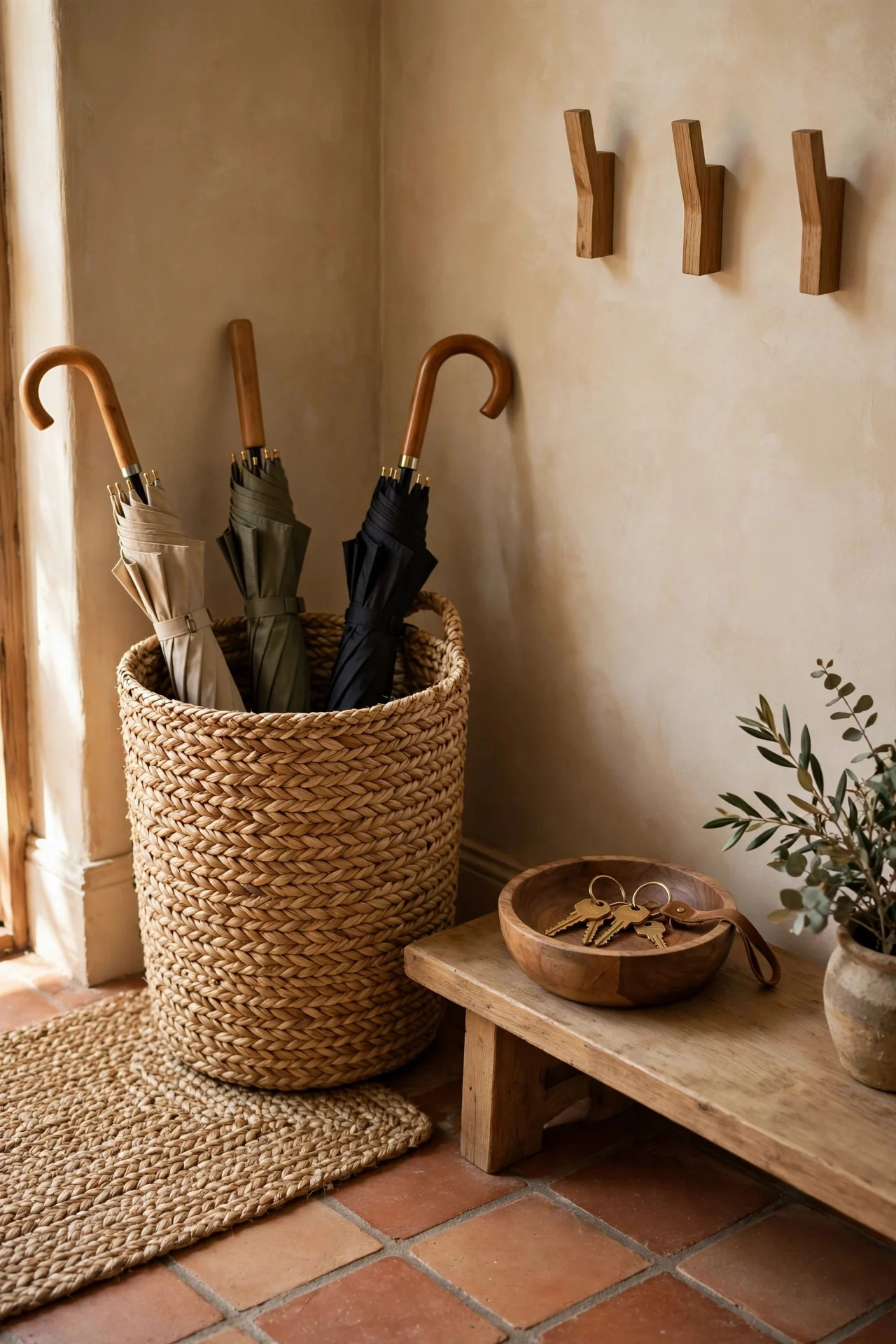 Natural texture baskets in a fall entryway