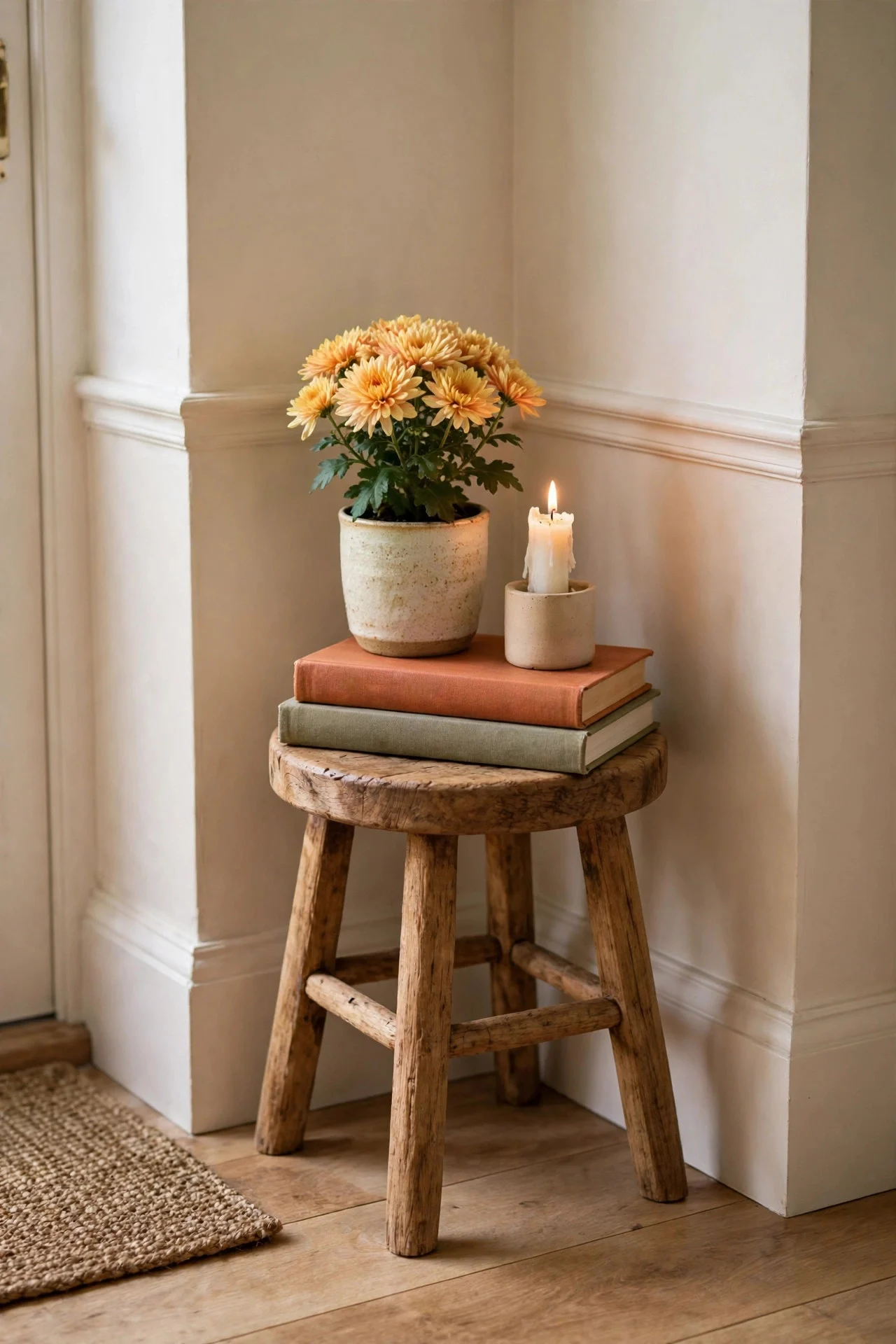 Mini fall vignette on a wooden stool