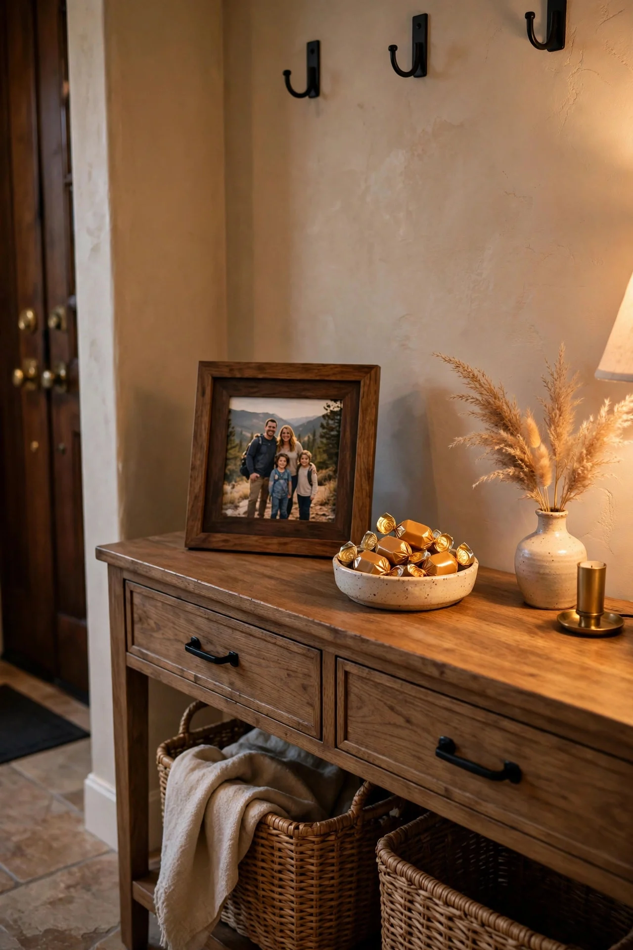 Personal welcome touches on an entryway console