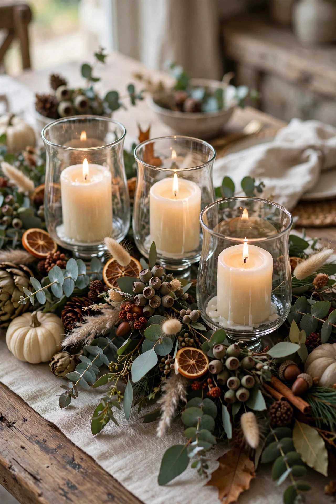 Eucalyptus garland with pillar candles on a Thanksgiving table