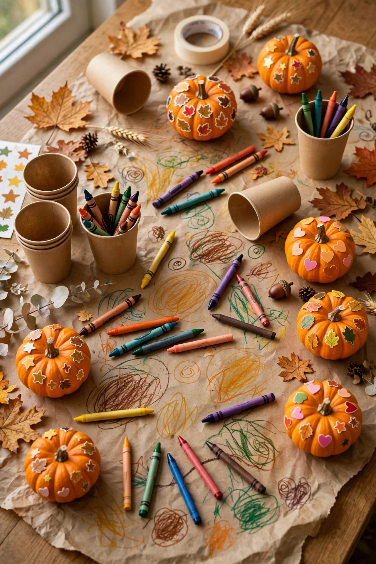 Kids' Thanksgiving table with butcher paper and crayons