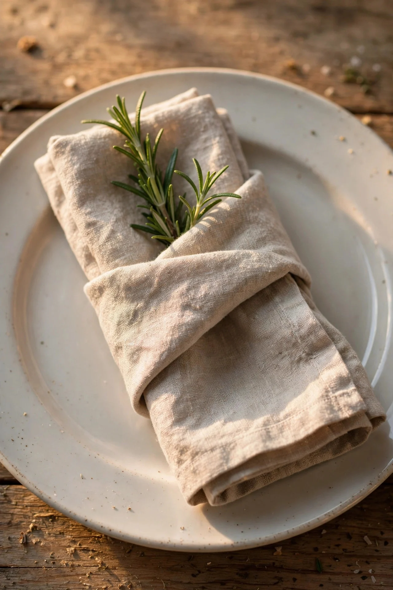 Linen napkin with rosemary sprig at a place setting