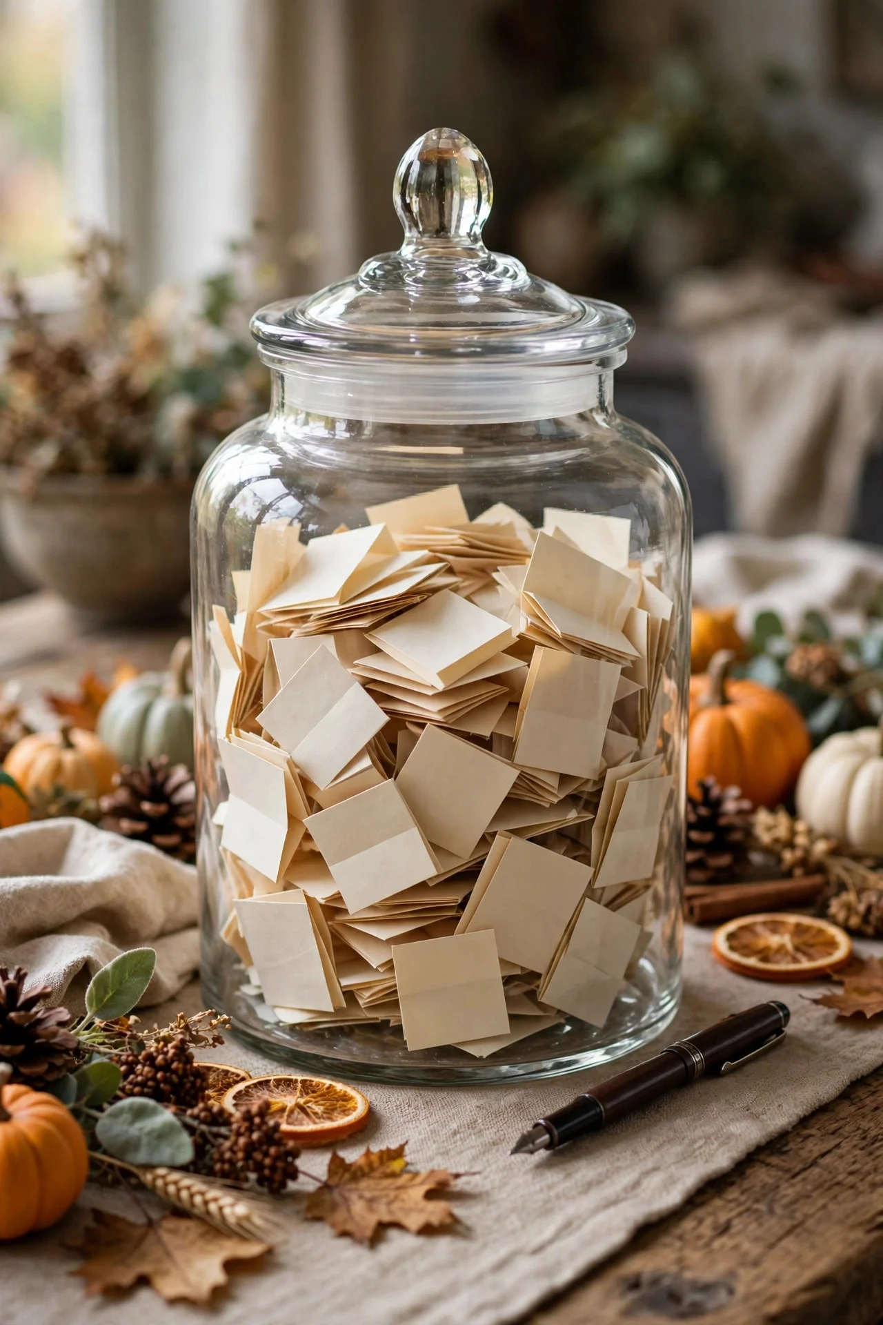 Gratitude jar with paper slips on a Thanksgiving table