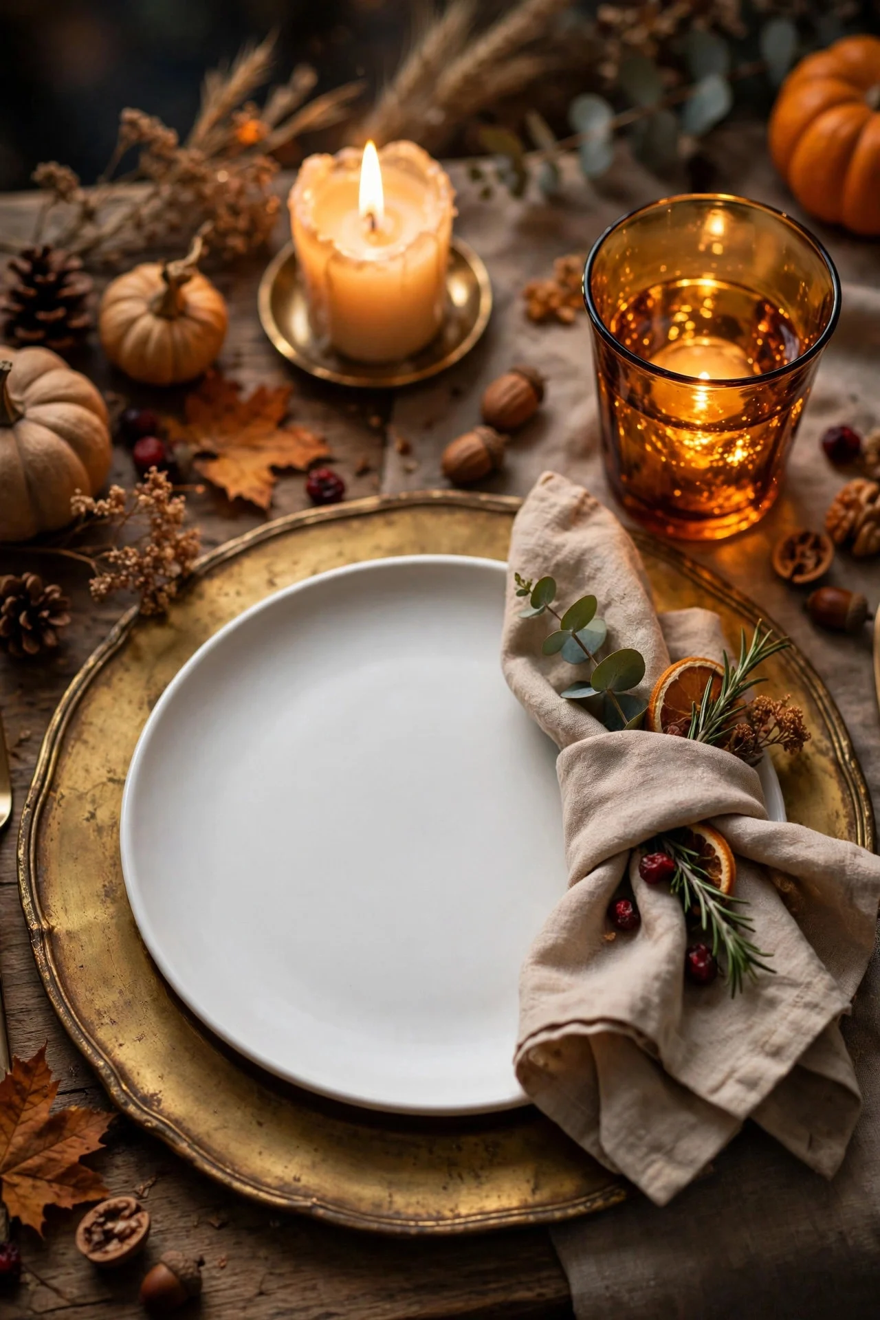 Amber glassware glowing at a Thanksgiving place setting