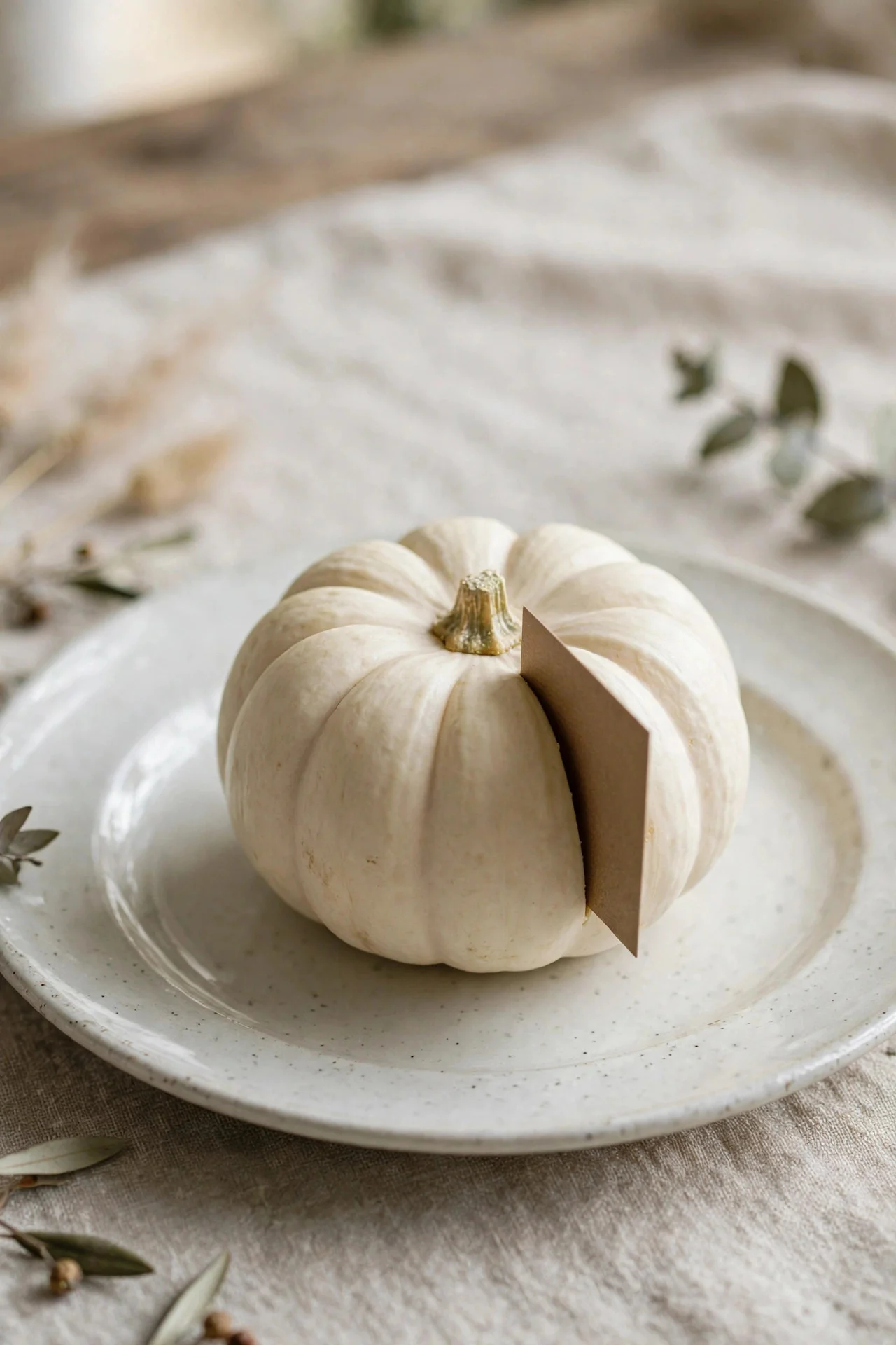 Mini pumpkin holding a kraft place card