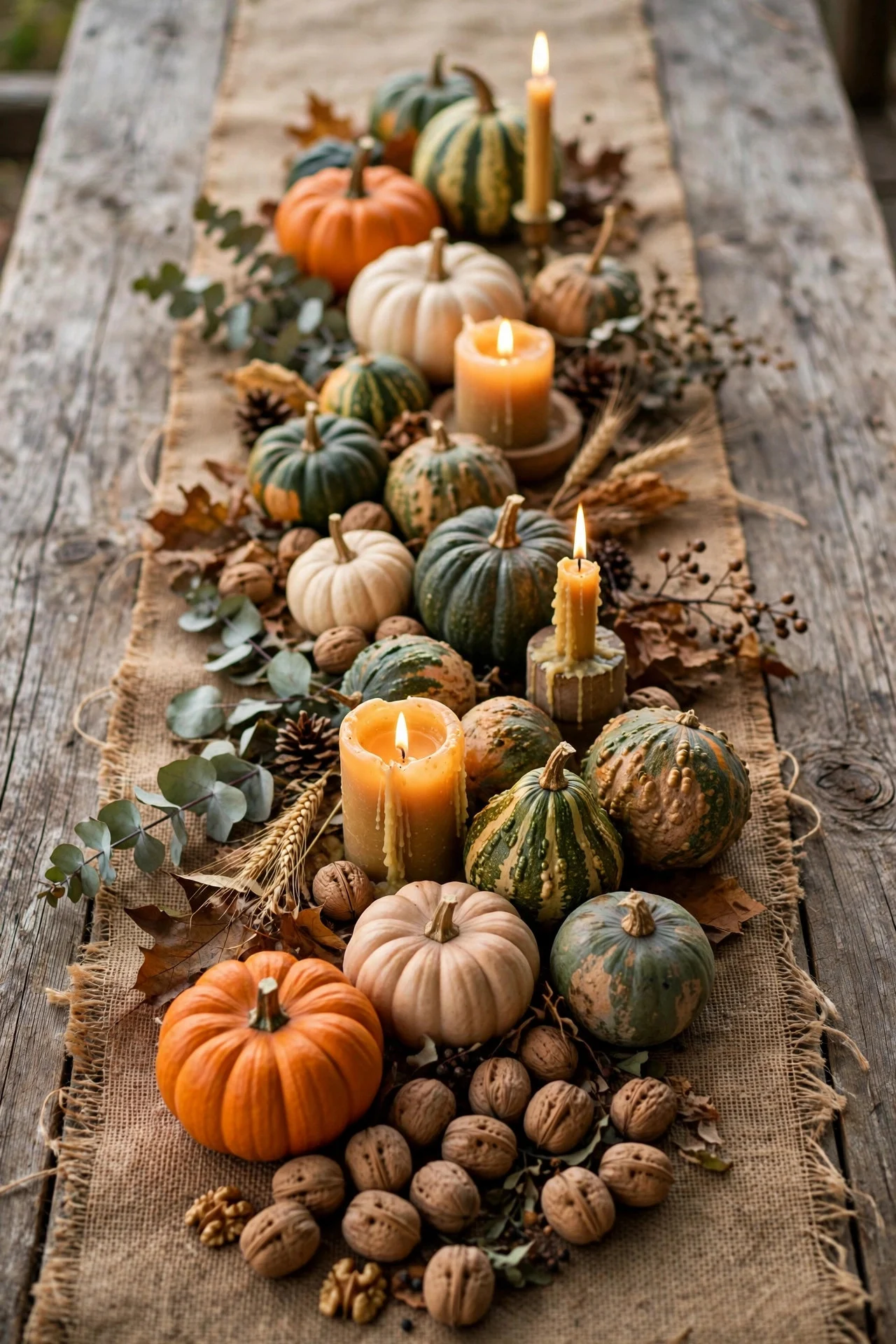 Low harvest runner with pumpkins and nuts on a table