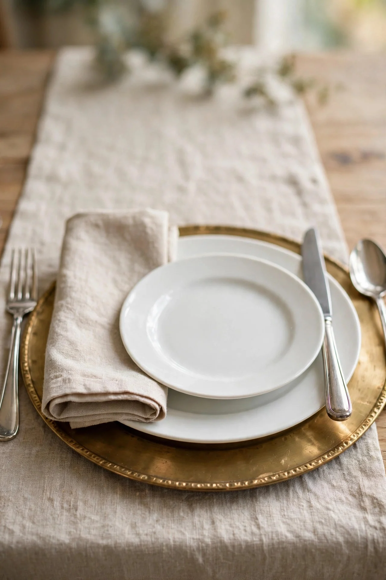 Brass charger framing a Thanksgiving place setting