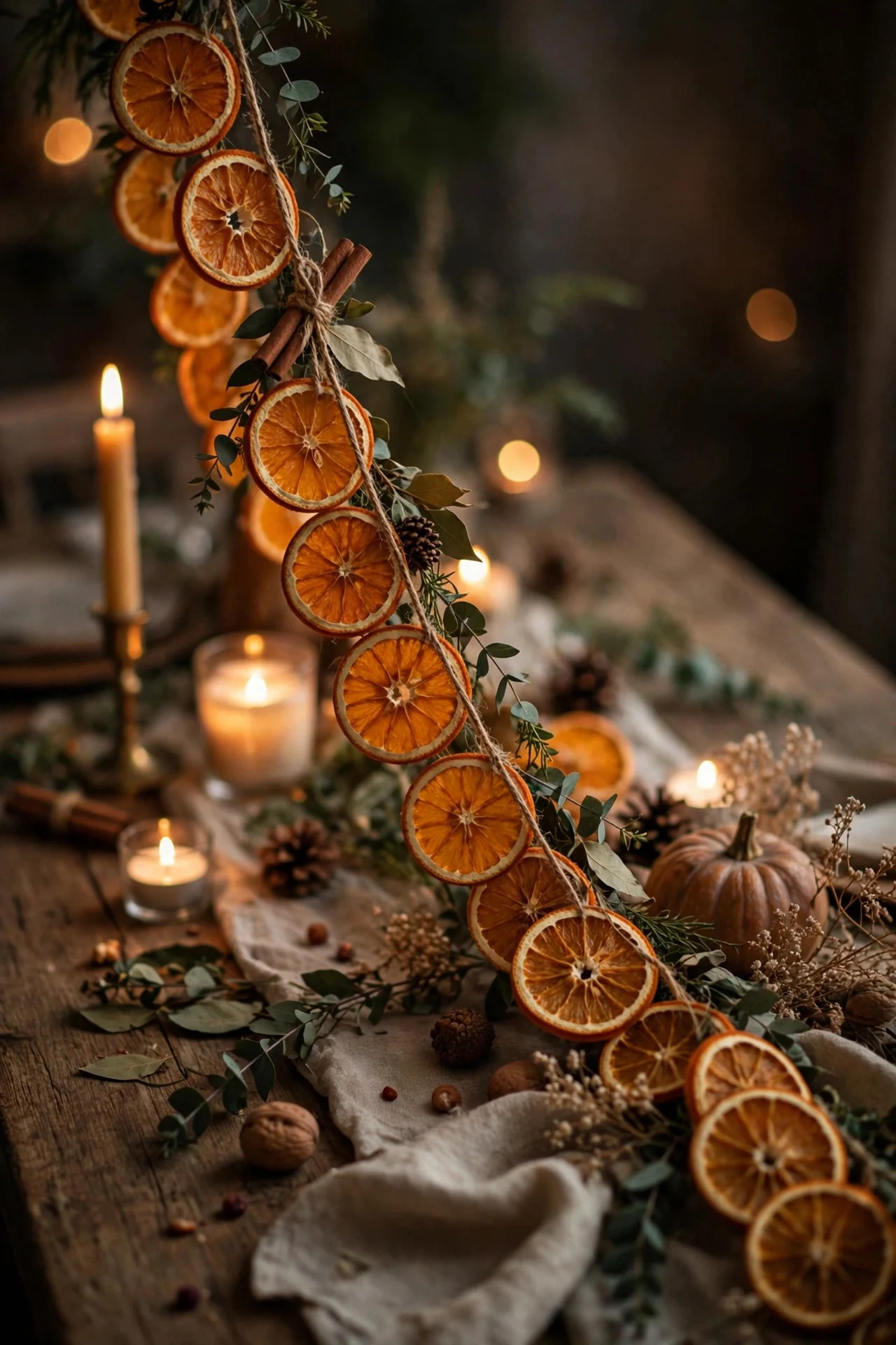 Dried orange slice garland on a Thanksgiving table