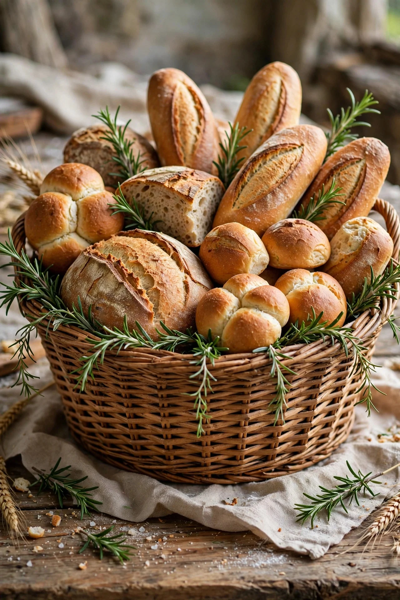 Basket of rustic breads as a Thanksgiving centerpiece