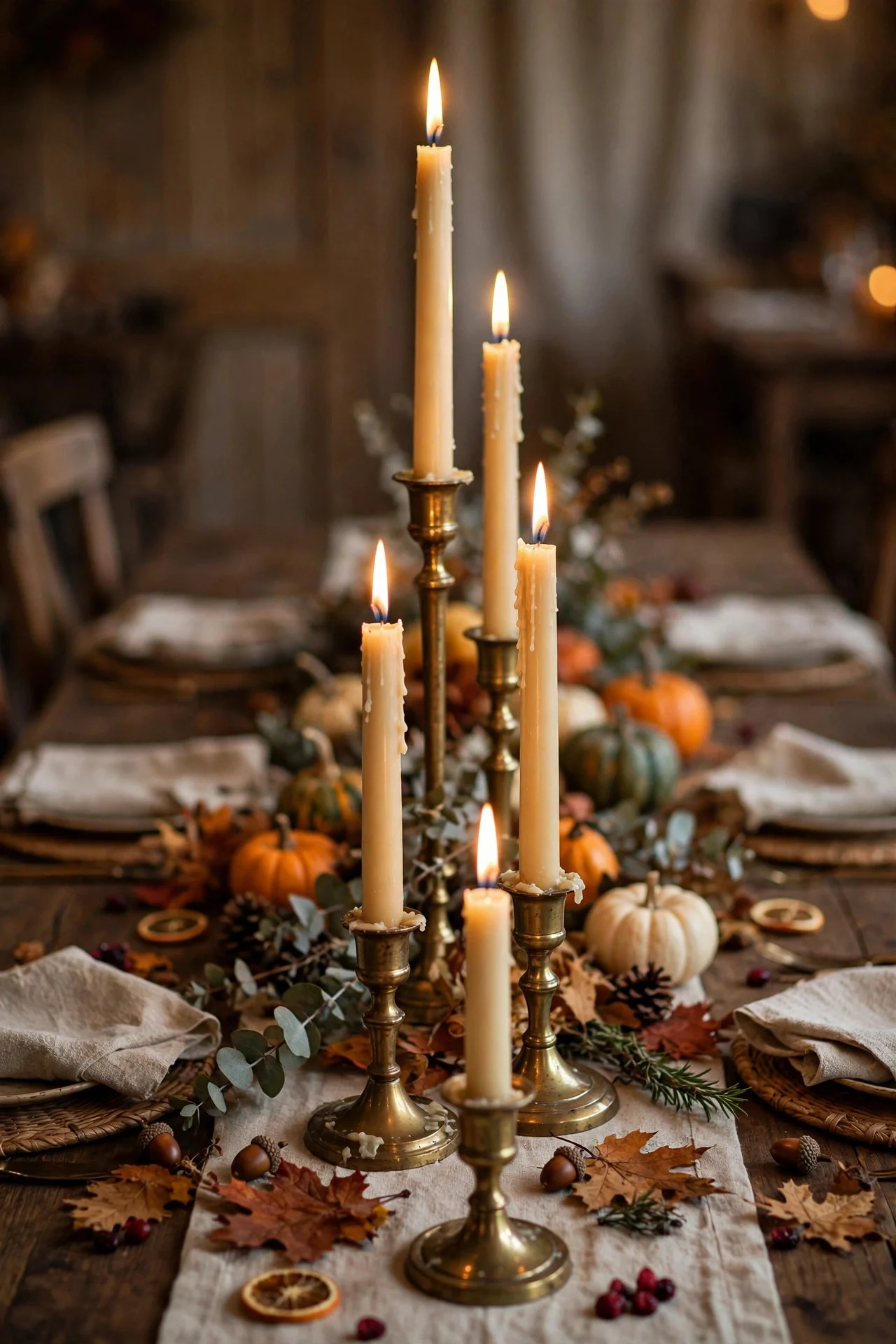 Taper candles in brass holders down a Thanksgiving table